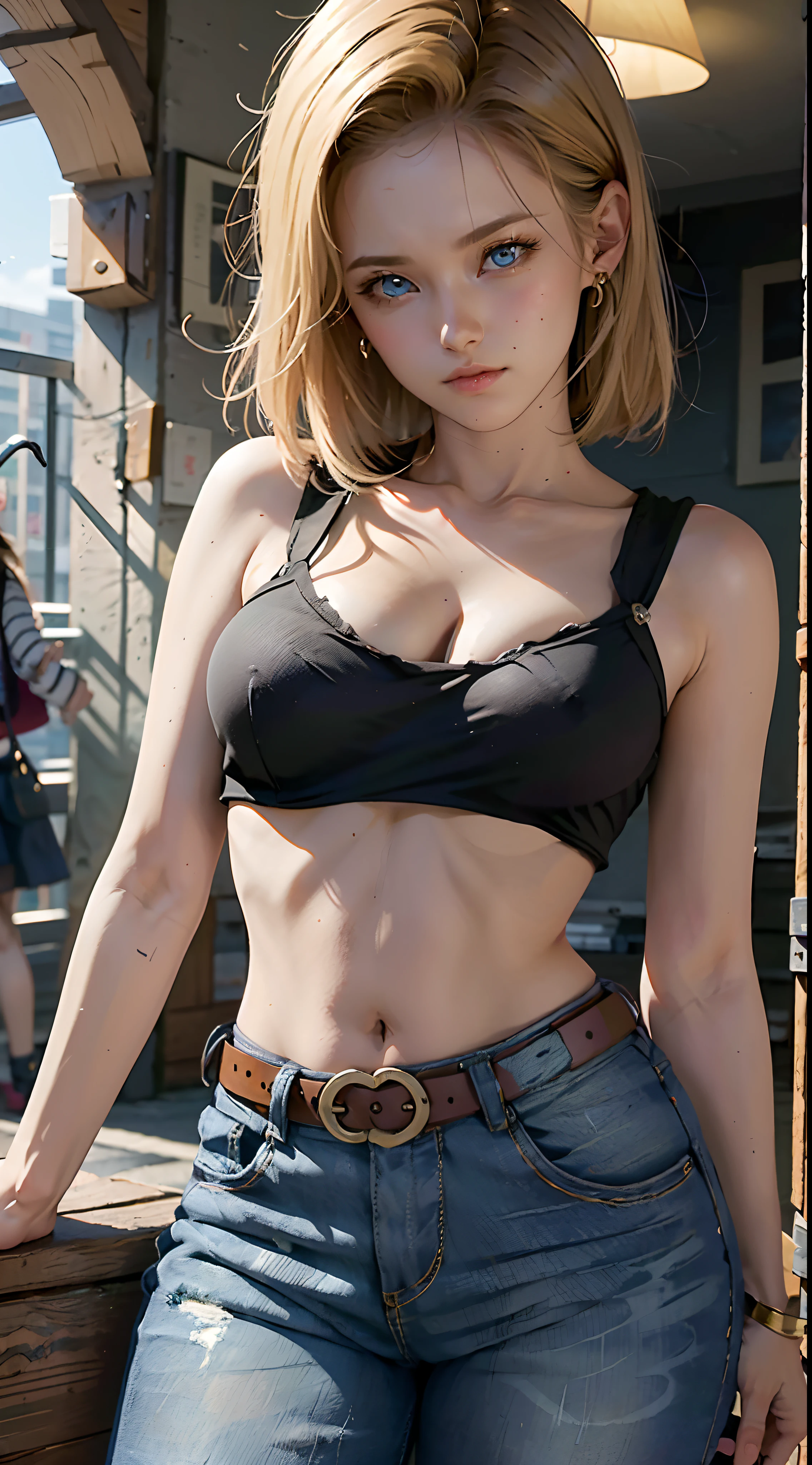 imagem hiper detalhada, UHD, 16k, foto profissional, (Foto realista do Android-18 de Dragon Ball Z) menina deusa da beleza, cabelos loiros curtos muito lisos, severe facial expression, ((Ela usa uma jaqueta jeans azul e uma camisa branca cropped, Short white underground showing breast meat)), Erotic, jaqueta jeans aberta mostrando seu grande, Seios lindos e perfeitos, (seios, longos seios pontiagudos saindo da jaqueta), ela usa um cinto e um (saia jeans azul levantada mostrando micro calcinha presa no , cabelo bubian mostrando), Botas marrons, perfect hands and fingers,
  Android 18, garota saiyajin sexy, She unleashes bursts of power, qual, Arte Oficial, Android-18 Sexy feminino, arte oficial do personagem, protagonista feminina sexy, corpo magro e tonificado curvado :8, Aqualri Toriyama, Diretor: traits of Aqualra Toriyama, Bulma de Dragon Ball, Melhor Design de Personagens de Anime, Stroke style by Aqualra Toriyama, Cute single character, semi-, (great lighting)