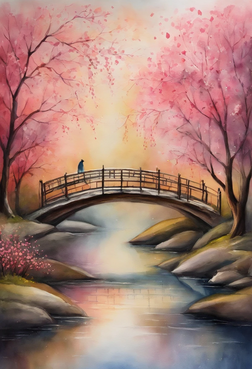 Tanabata Valentine's Day romantic poster，A man and a woman kiss on a wooden bridge，Peach blossoms bloom on both sides of the river，Countless pink petals fell from the sky，Several magpies flew around in the sky，closeup cleavage