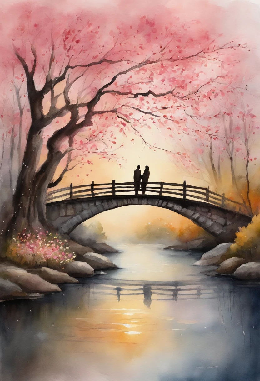 Tanabata Valentine's Day romantic poster,A man and a woman kiss on a wooden bridge,Peach blossoms bloom on both sides of the river,Countless pink petals fell from the sky,Several magpies flew around in the sky,closeup cleavage