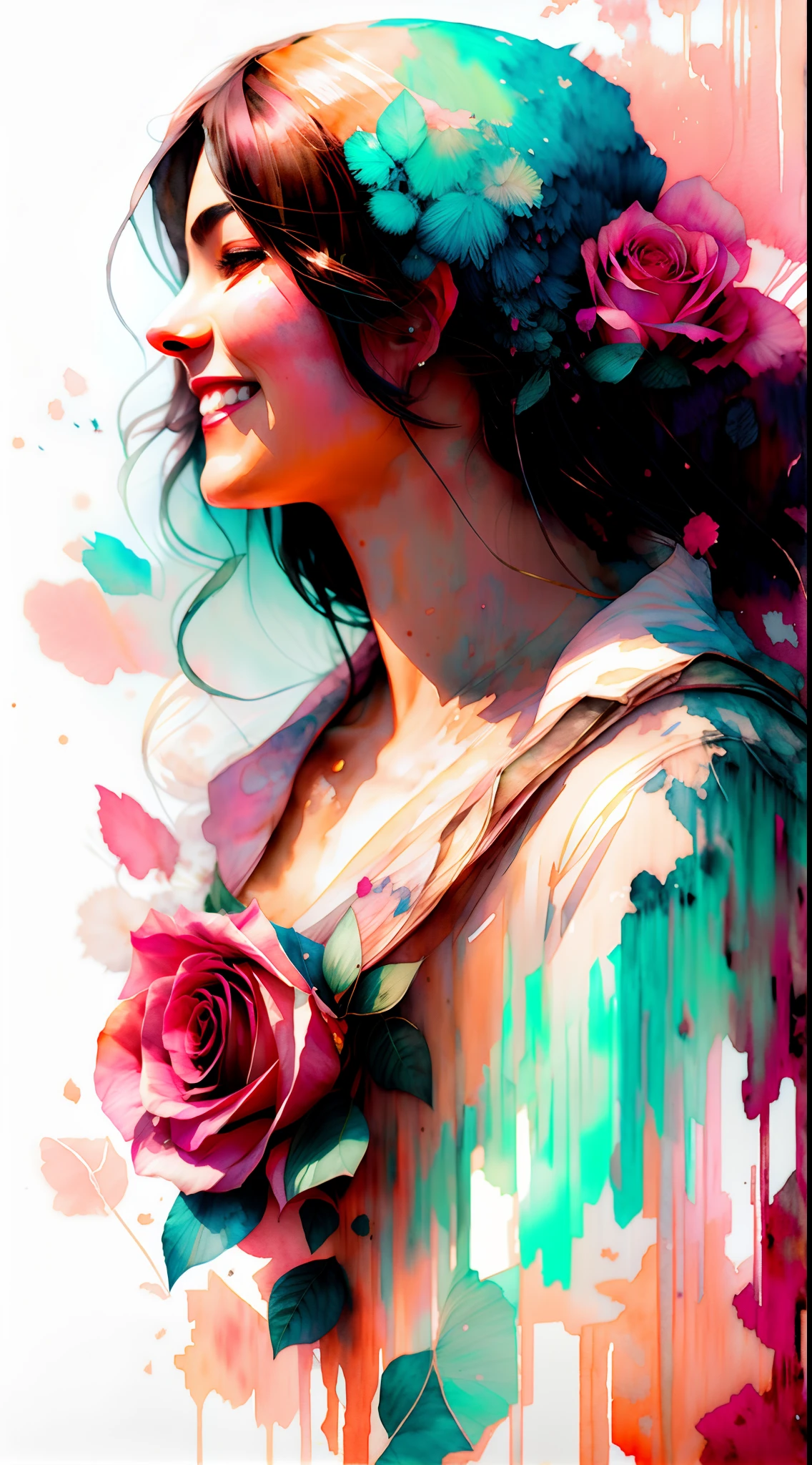 wtrcolor style, (rose) digital art, official art, blown by the wind, masterpiece, beautiful, smile, frontview,((watercolor)), paint splatter, intricate detail. Great detail, [dripping:0.7], Trending on Artstation, Rachel Walker, beautiful european woman, front view