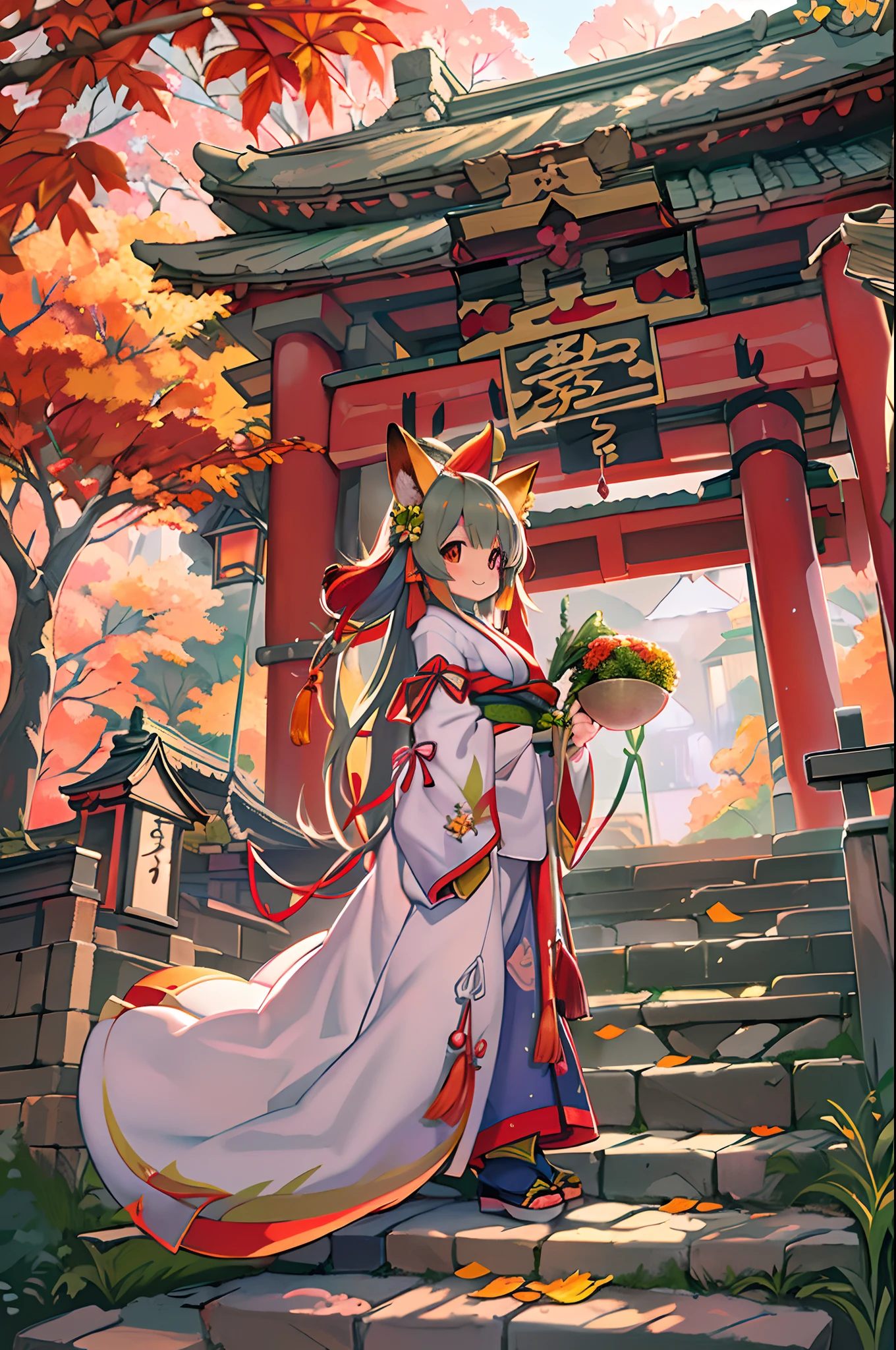 Fox Woman、body covered with fur、huge-breasted、kawaii、shrine maiden、Japan white clothes,Red Hakama、torii gate,((High Position))、A big smile、bbw、thick thight、big butts、Ultramammy,Chibi,Nanachi、Beautiful shrine scenery, autumn day,kaede、 Pines, Anime Background Art, japanese art style, beautiful anime scene, detailed scenery - width 672, Background art, Anime landscapes, Anime Background, Beautiful anime scenery, Beautiful peace scenes in anime, landscape artwork, Japan Village, Anime landscape concept art, 8K))、a lot of fallen leaves、Bamboo Bowl、Chubby