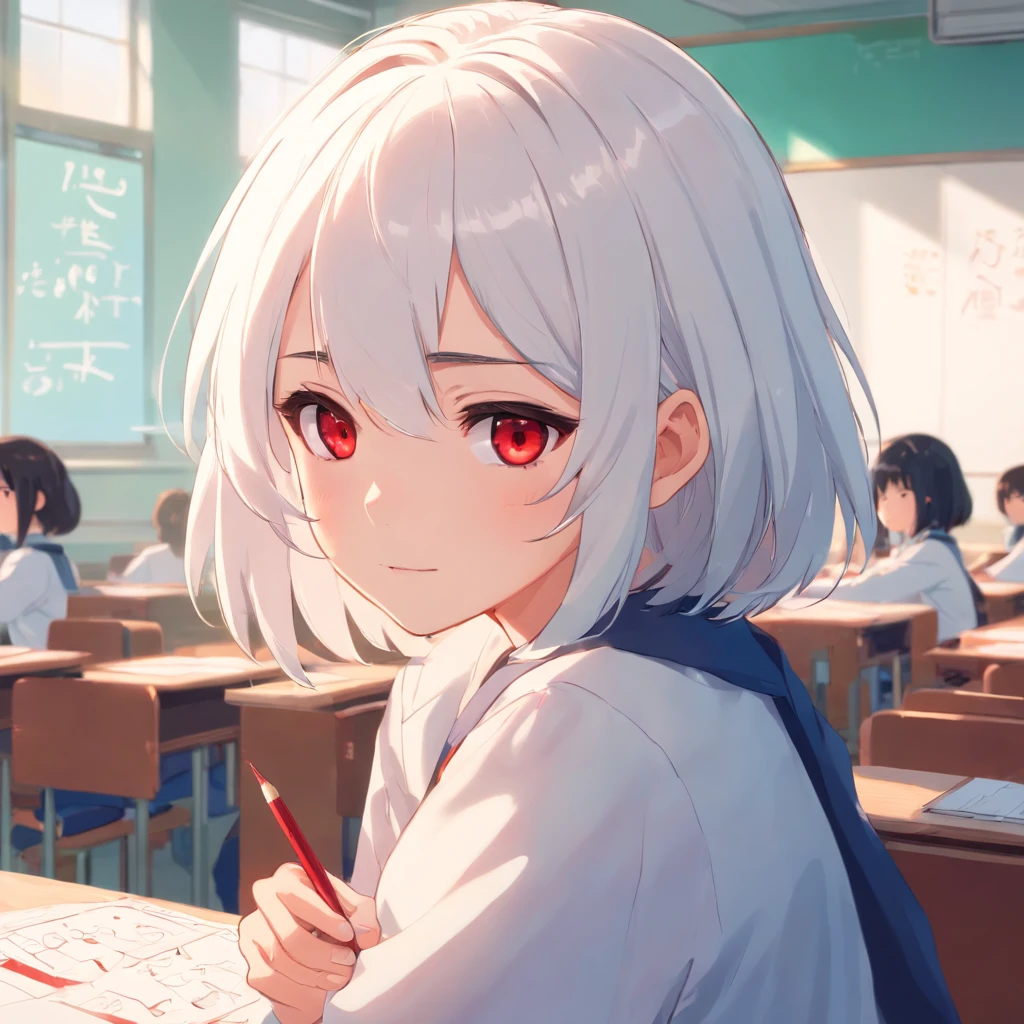 white color hair,red color eyes,pupils,a beauty girl,In the classroom,Makoto Shinkai painting style