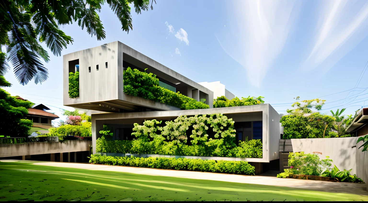 modern exterior house, tropical trees, spring, flower, daylight, best quality