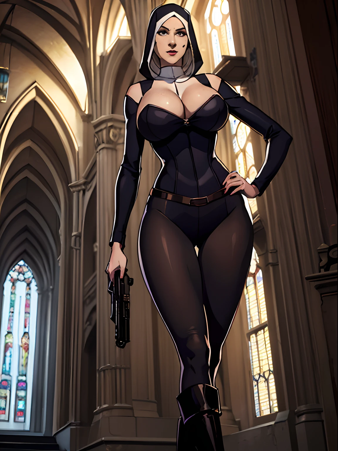 (masterpiece, top quality, best quality, official art, beautiful and aesthetic:1.2), (1girl:1.3), light freckles, fair skin, extremely detailed, portrait, looking at viewer, solo, (full body:0.6), detailed background, close up, (dark gothic theme:1.1), nun with guns, charlatan, smirk, mysterious, swaggering through cathedral, modest attire, black habit, cowl, nun hood, wimple, thigh-high boots, bodysuit, leotard, corset, leather straps, ammunition pouches, long boots, submachineguns, SMGs, MP5s, thigh pouches, holsters, garters, ((((narrow hips, slim sexy body, large breasts)))), slim waist, slim hips, long legs, modern (cathedral exterior:1.1) background, dark mysterious lighting, shadows, magical atmosphere, dutch angle,