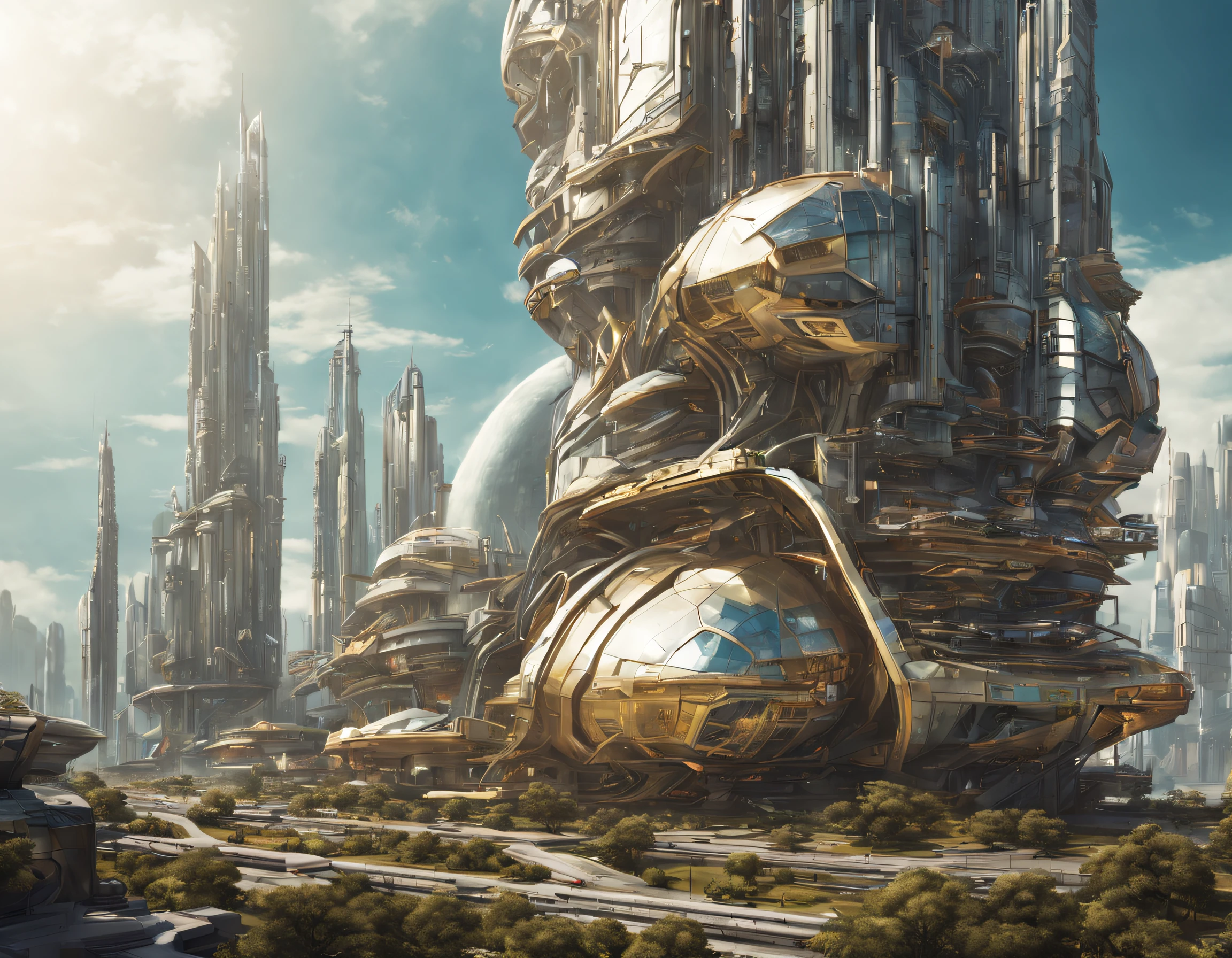 On an unknown planet there is a futuristic city with immense buildings of technological design, con estructuras acristaladas en plata, oro y bronce espectaculares en la que sobrevive un robot femenino espectacular. con colores vivos. pavimento ensolado.