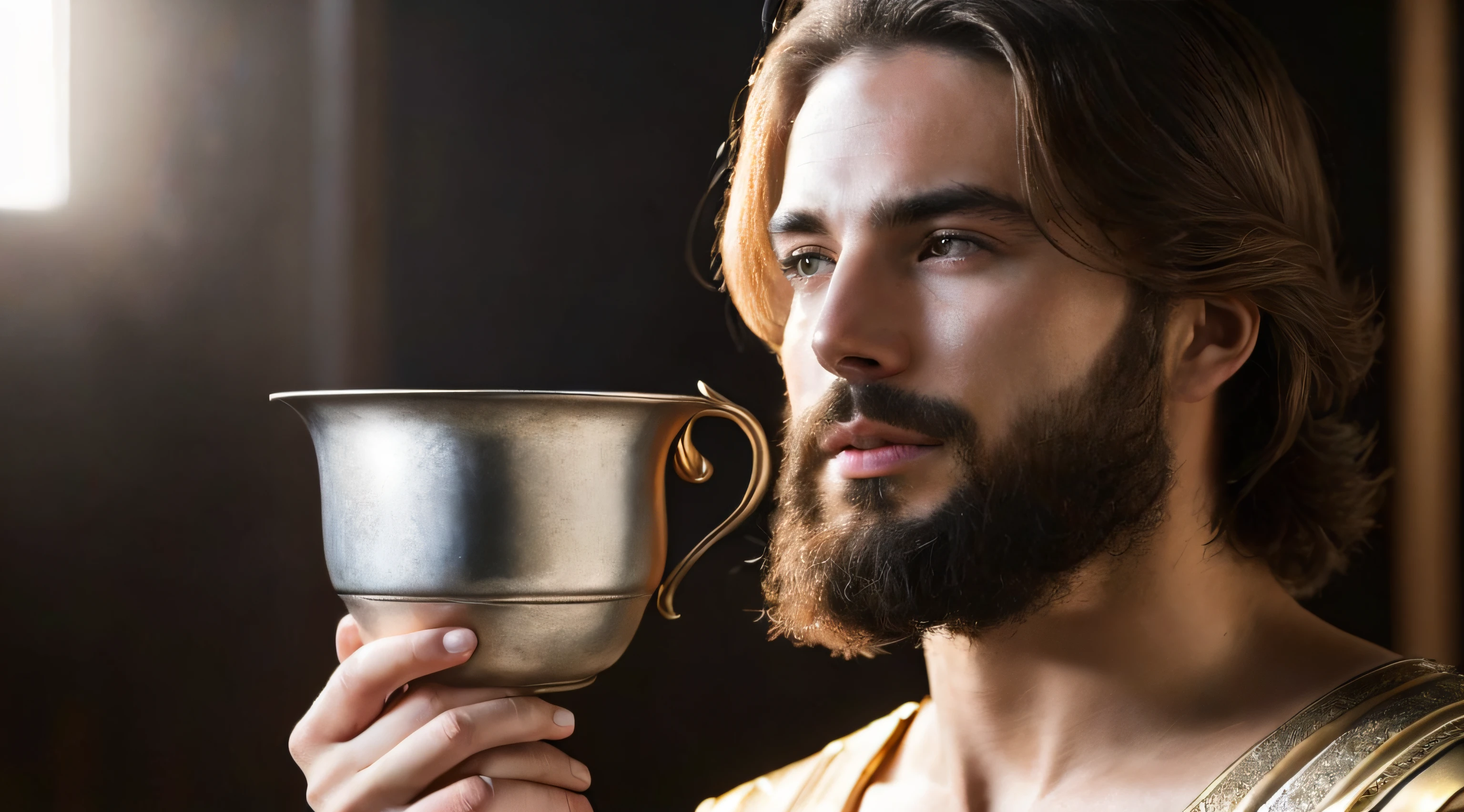 Ancient Israel、Biblical times、1st century、(((Short-haired Jesus Christ)))、(((Have a small silver cup)))、(((natta)))。8K、Raw photography、top-quality、​masterpiece:1.5、ultra-lightweighthigh-resolution、Photorealsitic:1.5、ciinematic light、soft volumetric lighting:1.5、realisitic、Photorealsitic:1、Detailed skin、profetional lighting、a picture、foco nítido、detaileds、profetional lighting、photon maping、detailed and intricate environment、ighly detailed、top-quality、Artistic photography、photorrealistic concept art、soft natural volumetric cinematic perfect light、Midjourney、Detailed hand、