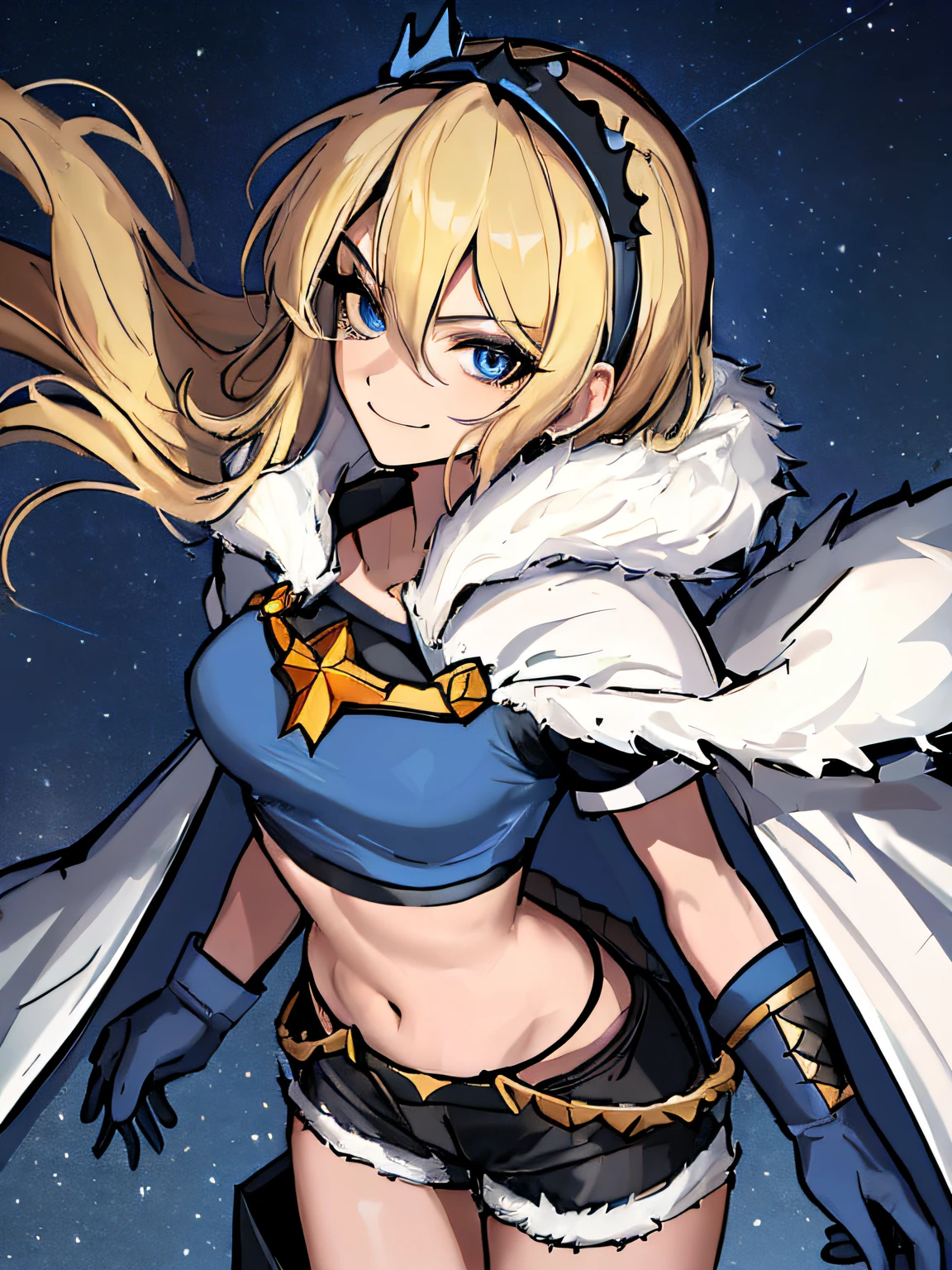 (absurdres, 8k, 4k, masterpiece, hyper extreme detailed:1.2), solo, 1girl, portrait, best quality, expressive eyes, perfect face, 1girl, portrait, solo, Female, mature female, adult, perfect anatomy, lux, luxanna crownguard, league of legends, cowboy shot, looking at viewer, 1girl, solo, blonde hair, blue graphic t-shirt, shorts, royal crown, fur cloak, white hairband, long hair, standing, heroic, leader, friendly, justice, black boots, king's crown, floating crown, royal, understanding, friendly, smiling, heroic, ripped clothing, gloves, blue eyes, stars, hopes, dreams, blue sky, night time, stars background,