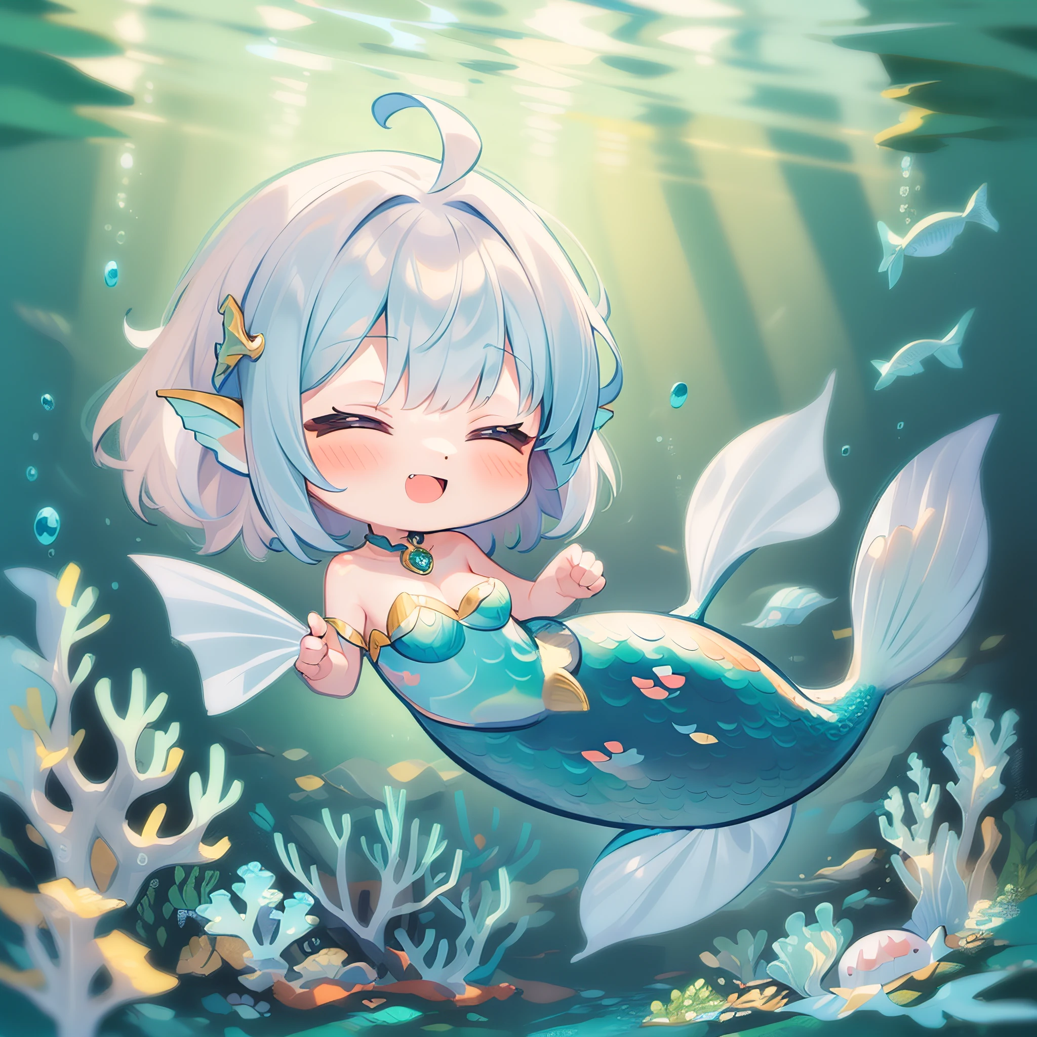 (((masterpiece))), best quality, extremely detailed, (mermaid costume:1.4), (((a mermaid girl))), (((solo))), happy, full body, (((swiming))), ahoge, (((deformed))), (((chibi character))), (((Under the sea))),