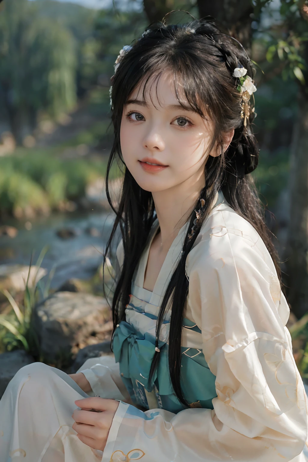 Best quality at best,tmasterpiece,超高分辨率,(photo-realistic:1.4),8K raw photos, A high resolution,Ancient Chinese white Hanfu,Beautiful pattern, Colorful embroidery, beautiful eyes in detail, long eyelasher, RAW photogr, face to the viewer, The upper part of the body, Close-up Shot Shot, ((( Landscape background))),(((1girll))),独奏,The upper part of the body, Beautiful hairstyle, hair adornments, Beads, jewelry, No action, Front lighting, Character edge light, ssmile, (looks into camera)