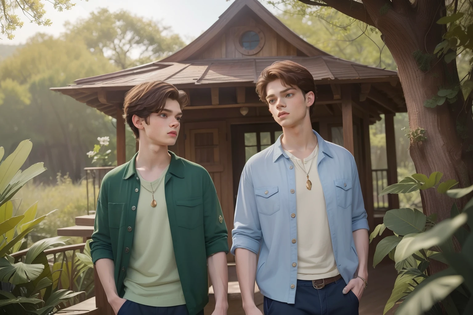 year: 2015. Location: Texas. Pre-Raphaelite scene with a -yeld Doic Sherwood and Matthew Daddario, in a tree house, ((((casual Clothing from the 2020s)))) ((Hairstyle of the 2020s)), pastel colors, (((cinematic style)))