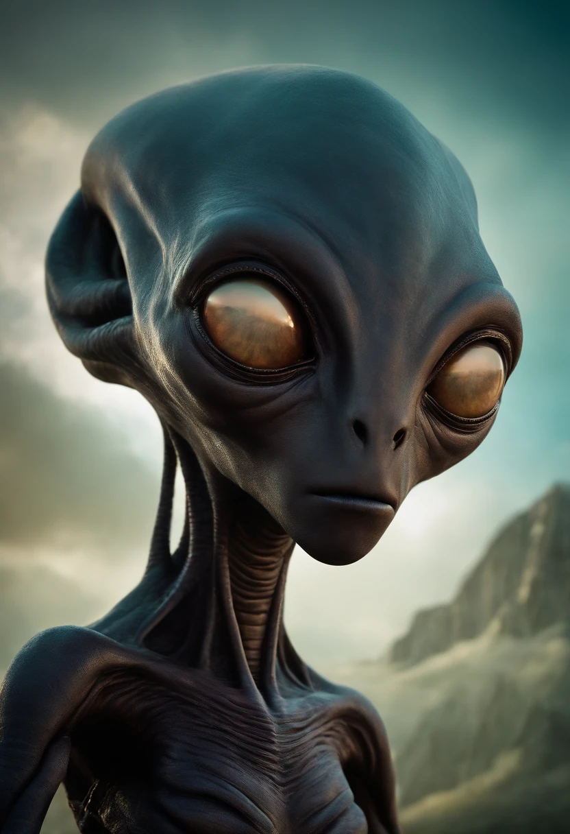 Create a super realistic image of an alien with a big head and a small body and 3 big black eyes.
