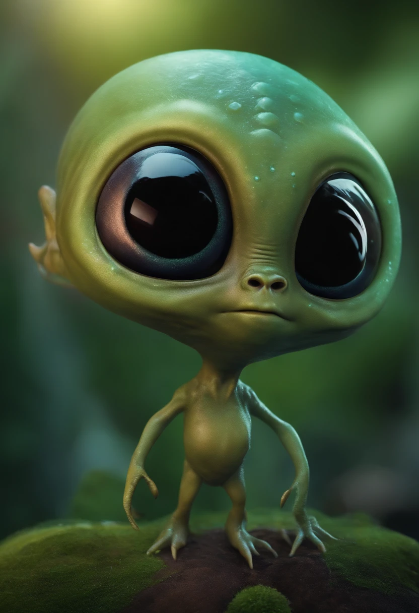 Create a super realistic image of an alien with a big head and a small body and 3 big black eyes.