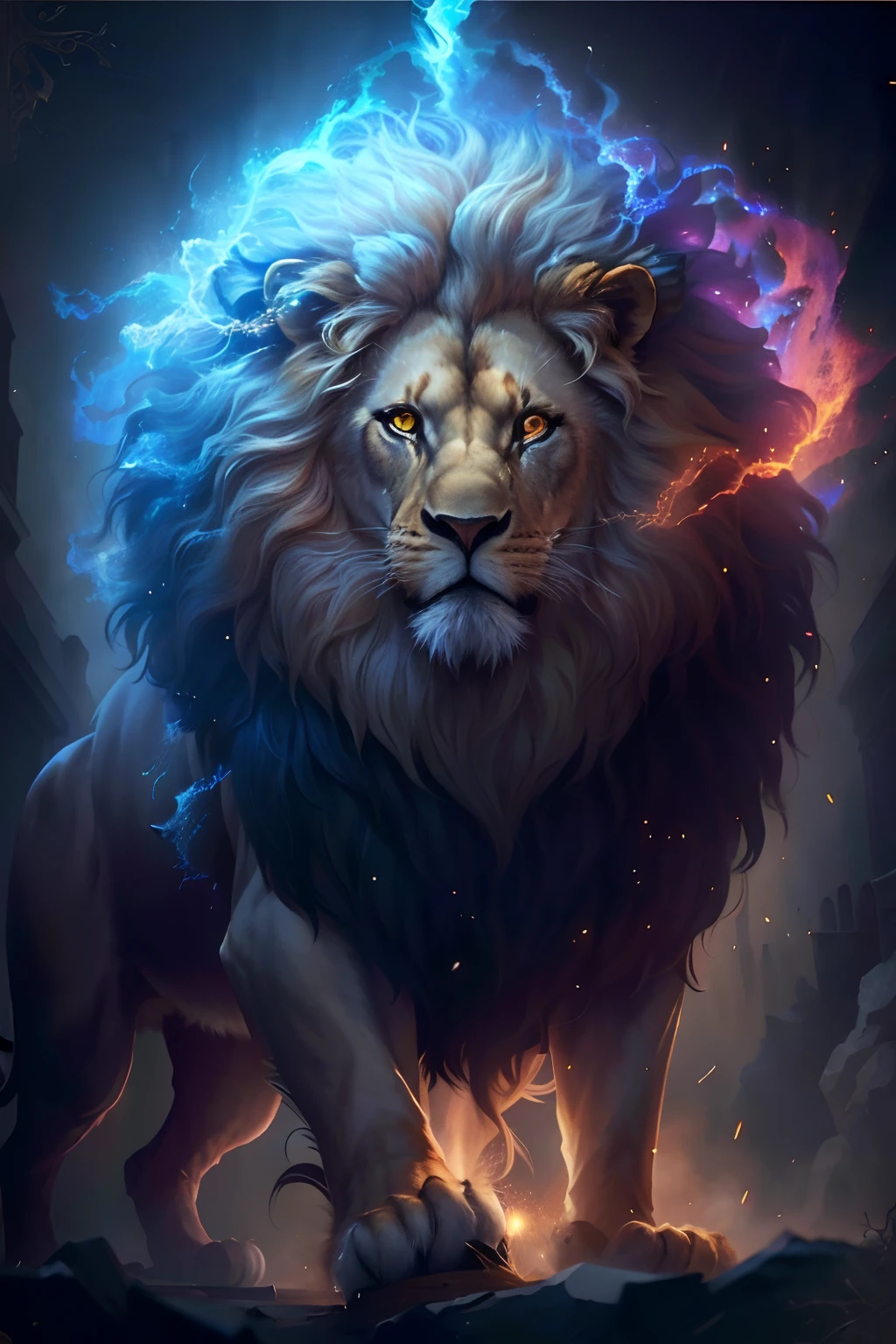 the Lion，Detailed hair details，The lion's gaze，mighty，stately，noble，Fierce lion，Fierce gaze，a sense of atmosphere，misterious，k hd，A detailed，the detail