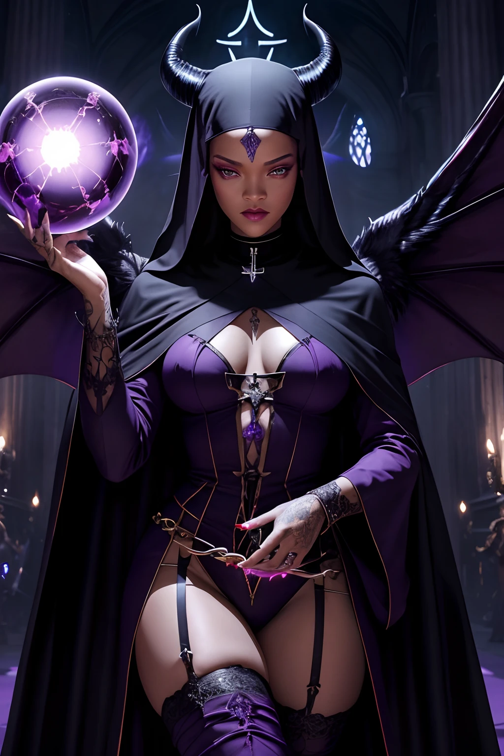 Rihanna : The evil nun, Demon horn, Demon wings on the head , sexy robe de nonne, His hands preparing a sphere of purple energy, diabolique, insidieux, His powerful magic hits the buildings of a city , Context of the Satanic Church, detailled eyes, detailed hands