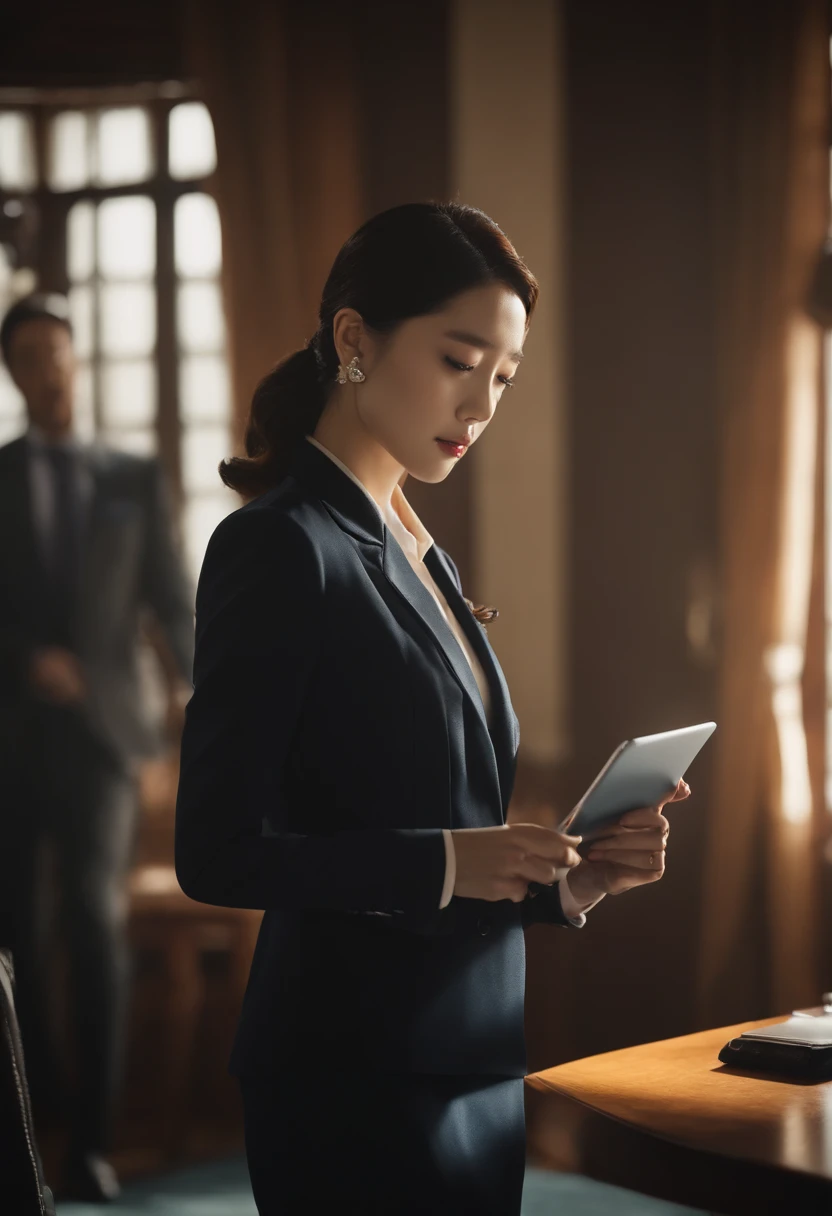 Woman in suit using tablet in room, working, sun yunjoo, still from live action movie, park shin hye as a super villain, full device, using a magical tablet, iu lee ji-eun as a super villain, profile pose, [ Realistic photo ]!!, shin min jeong, serious business, Lazy, elegant appearance