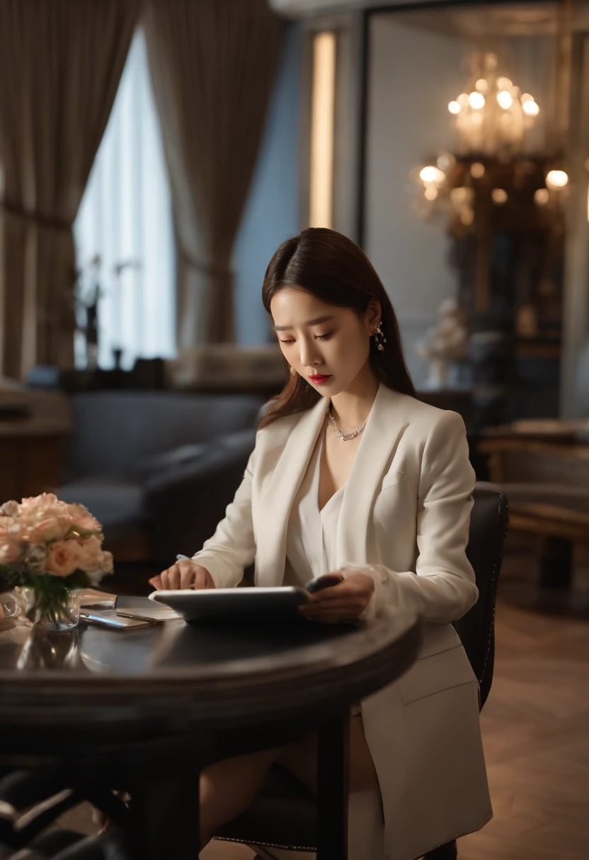 Woman in suit using tablet in room, working, sun yunjoo, still from live action movie, park shin hye as a super villain, full device, using a magical tablet, iu lee ji-eun as a super villain, profile pose, [ Realistic photo ]!!, shin min jeong, serious business, Lazy, elegant appearance