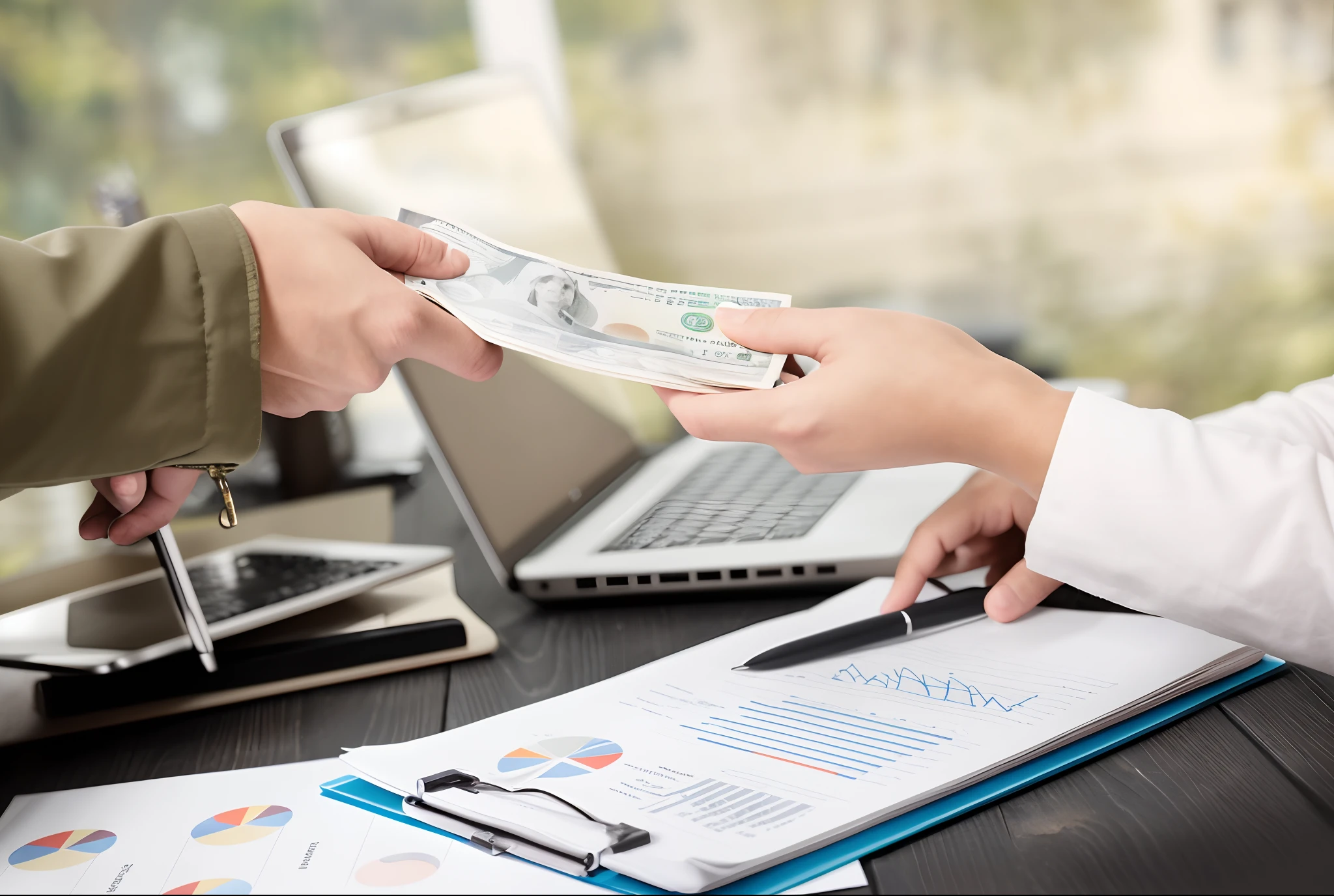 someone handing a note to another person at a desk with a laptop, cash on a sidetable, on a dark background, selling insurance, accurately portrayed, realistic depiction, high picture quality, banknote, garnishment, high quality picture, turnaround, high quality image, great coherency, by Niko Henrichon, stunning visual, high definiton, 8k