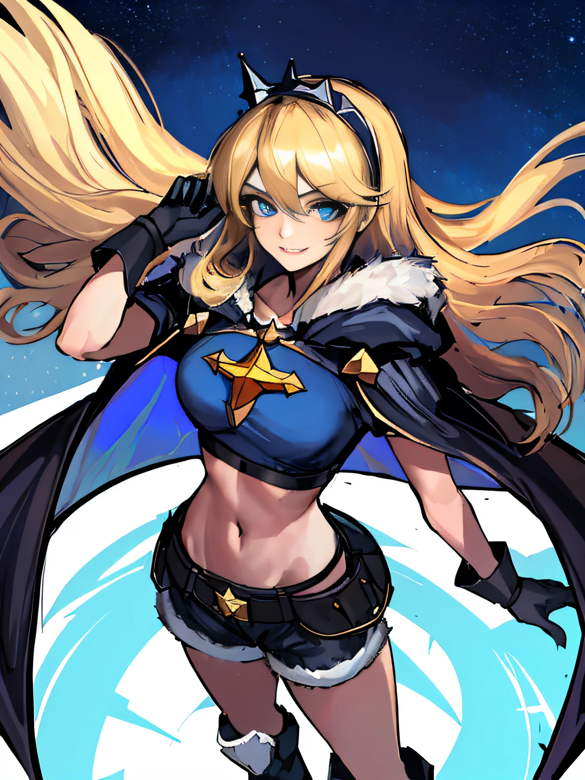 (absurdres, 8k, 4k, masterpiece, hyper extreme detailed:1.2), solo, 1girl, portrait, best quality, expressive eyes, perfect face, 1girl, portrait, solo, Female, mature female, adult, perfect anatomy, lux, luxanna crownguard, league of legends, cowboy shot, looking at viewer, 1girl, solo, blonde hair, blue graphic t-shirt, shorts, royal crown, fur cloak, white hairband, long hair, standing, heroic, leader, friendly, justice, black boots, king's crown, floating crown, royal, understanding, friendly, smiling, heroic, ripped clothing, gloves, blue eyes, stars, hopes, dreams, blue sky, night time, stars background,