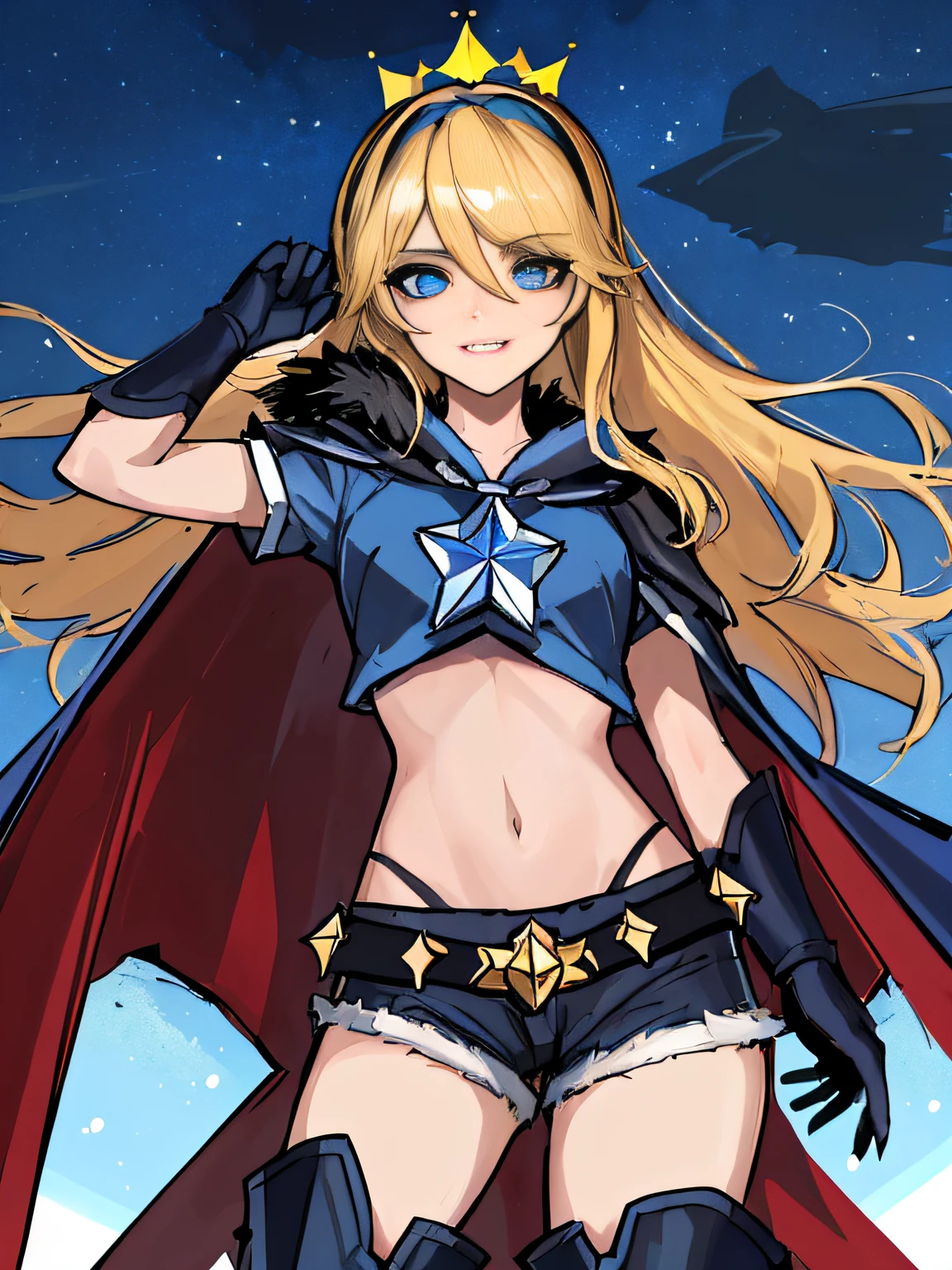 (absurdres, 8k, 4k, masterpiece, hyper extreme detailed:1.2), solo, 1girl, portrait, best quality, expressive eyes, perfect face, 1girl, portrait, solo, Female, mature female, adult, perfect anatomy, lux, luxanna crownguard, league of legends, cowboy shot, looking at viewer, 1girl, solo, blonde hair, blue graphic t-shirt, shorts, royal crown, fur cloak, white hairband, long hair, standing, heroic, leader, friendly, justice, black boots, king's crown, floating crown, royal, understanding, friendly, smiling, heroic, ripped clothing, gloves, blue eyes, stars, hopes, dreams, blue sky, night time, stars background,