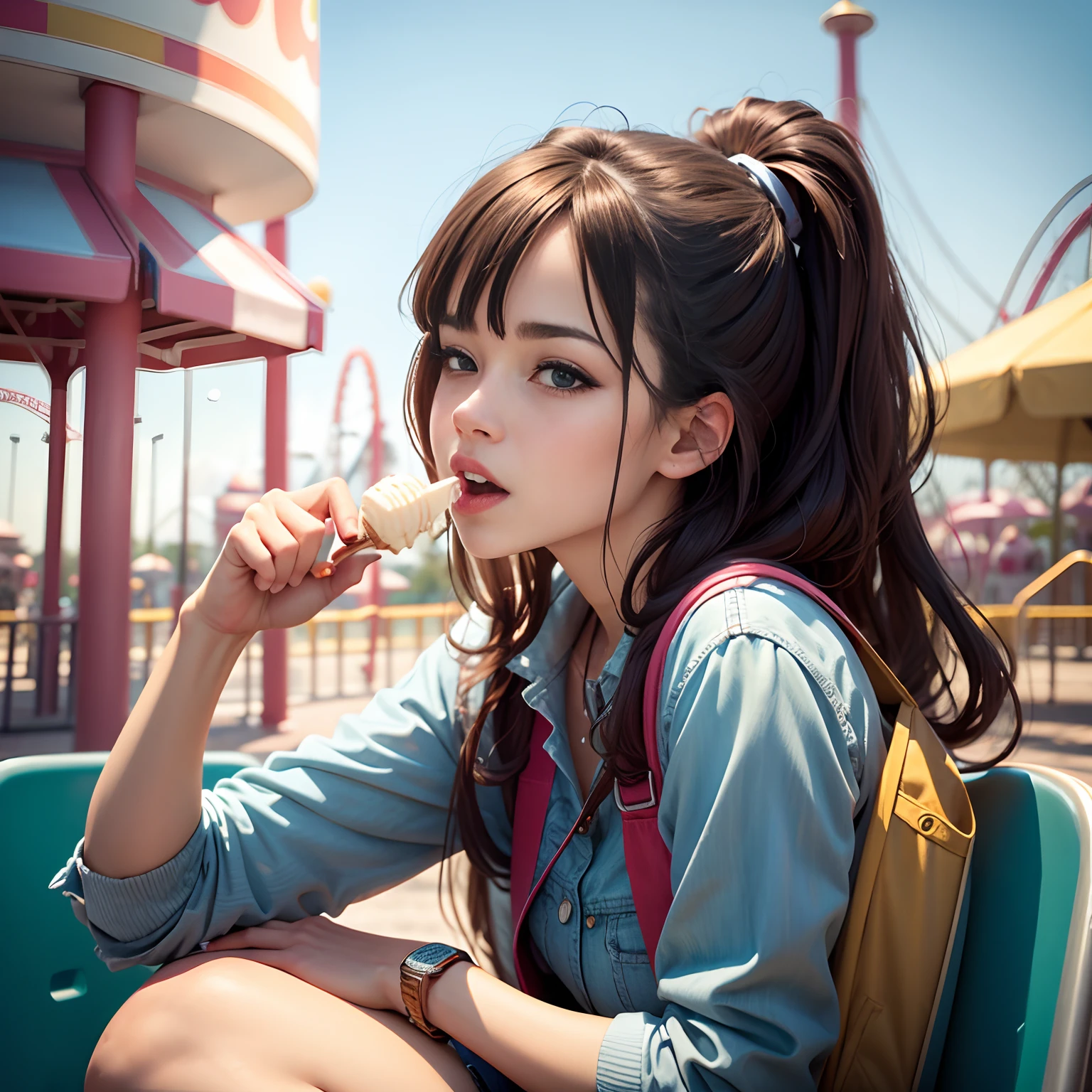 Woman eating ice cream in amusement park