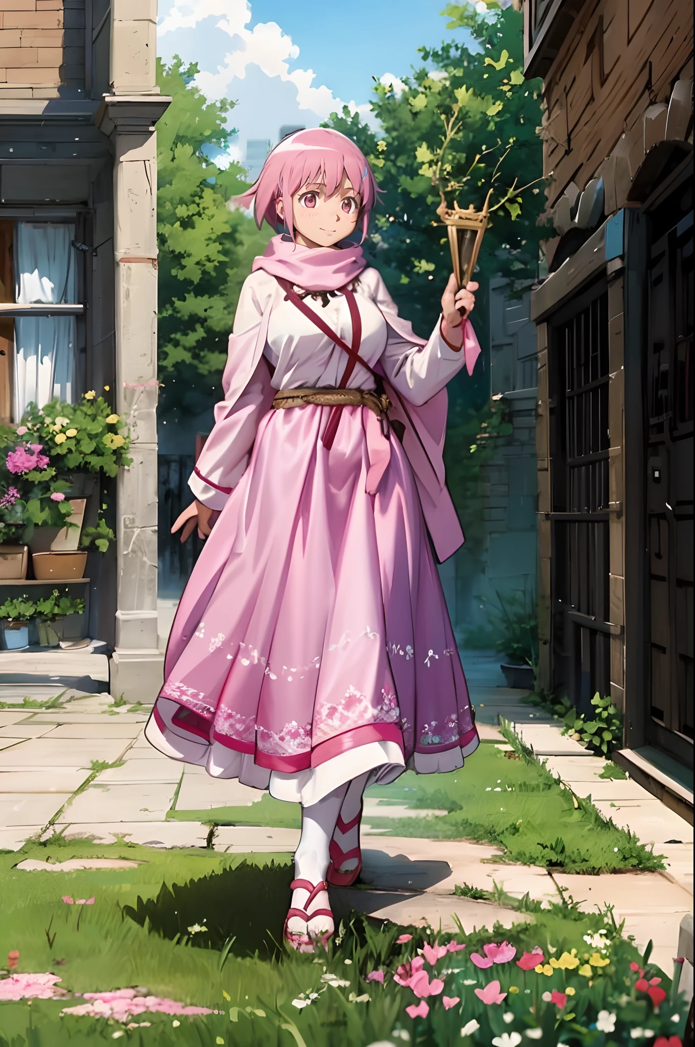 , (masterpiece:1.2), (best quality:1.15), extremely detailed,1girl, detailed,1girl, solo, madoka, long hair, pantyhose,, long dress, priestess, whitecloths, long skirt, pink robe, , standing, full body, medium breast, mature woman, tallgirl, standing,smile,, pink eyes madoka, tutu, long skirt, pink dress,big breast, curvy,, holding staff, white cloak, pink scarf, flipflops, medieval fantasy setting, rpg setting,, very long skirt,woman-medieval-clothes