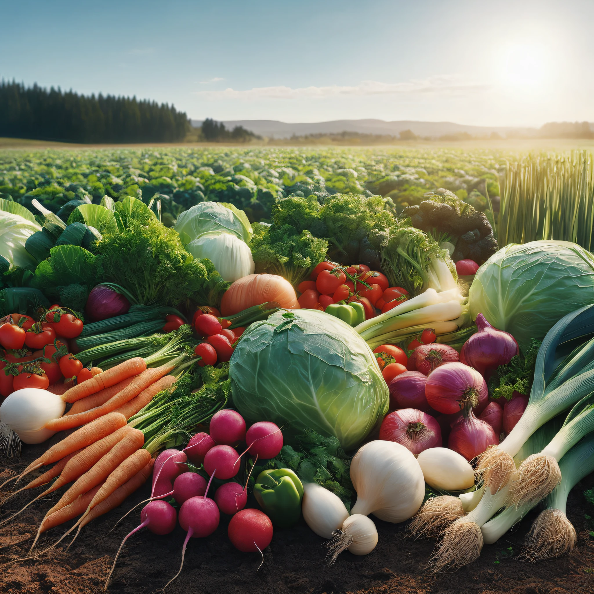 photoRealstic、4K、8K、Top image quality、There are a lot of vegetables lying on the ground, in a sunny day, Hot with shining sun, Idyllic and fruitful land, sunny morning, veggies, In the sun, sunny right, afternoon sunlight, Perfect refreshing sunlight, sun is shining, A clear day, sun shining, A clear day, bright sunny day, sunny environment, in a sunny day, Sunshine Light