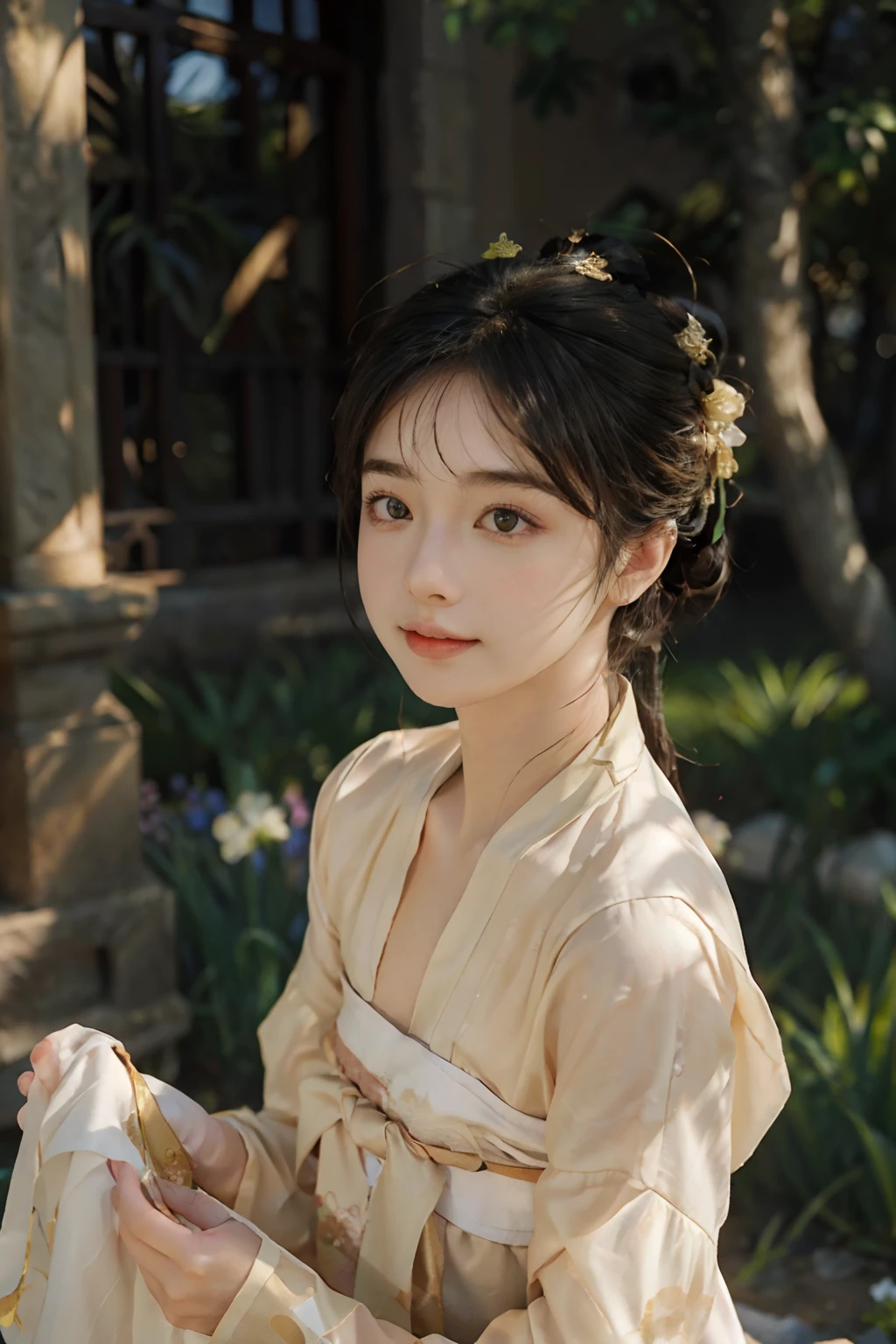 Best quality at best, tmasterpiece, 超高分辨率, (photo-realistic:1.4), 1girll, eyes with brightness,Sun-kissed skin,Carefree expression, Gentle wind,playful pose,dynamic compositions,Golden hour lighting,vague background,rich colours,finely detailled,hyper realisitc,Portrait Photogram,35mm film, The upper part of the body, Close-up Shot Shot, Character edge light, Advanced light and shadow, brightly,(Hanfu,tang style outfits), ((Landscape background)), 16k