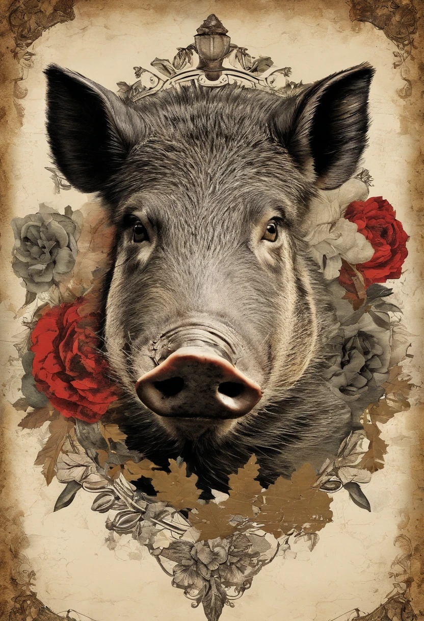 gros plan, Portrait of a wild boar, sanglier, Porc, familly crest, Armoiries, heraldic, dessin