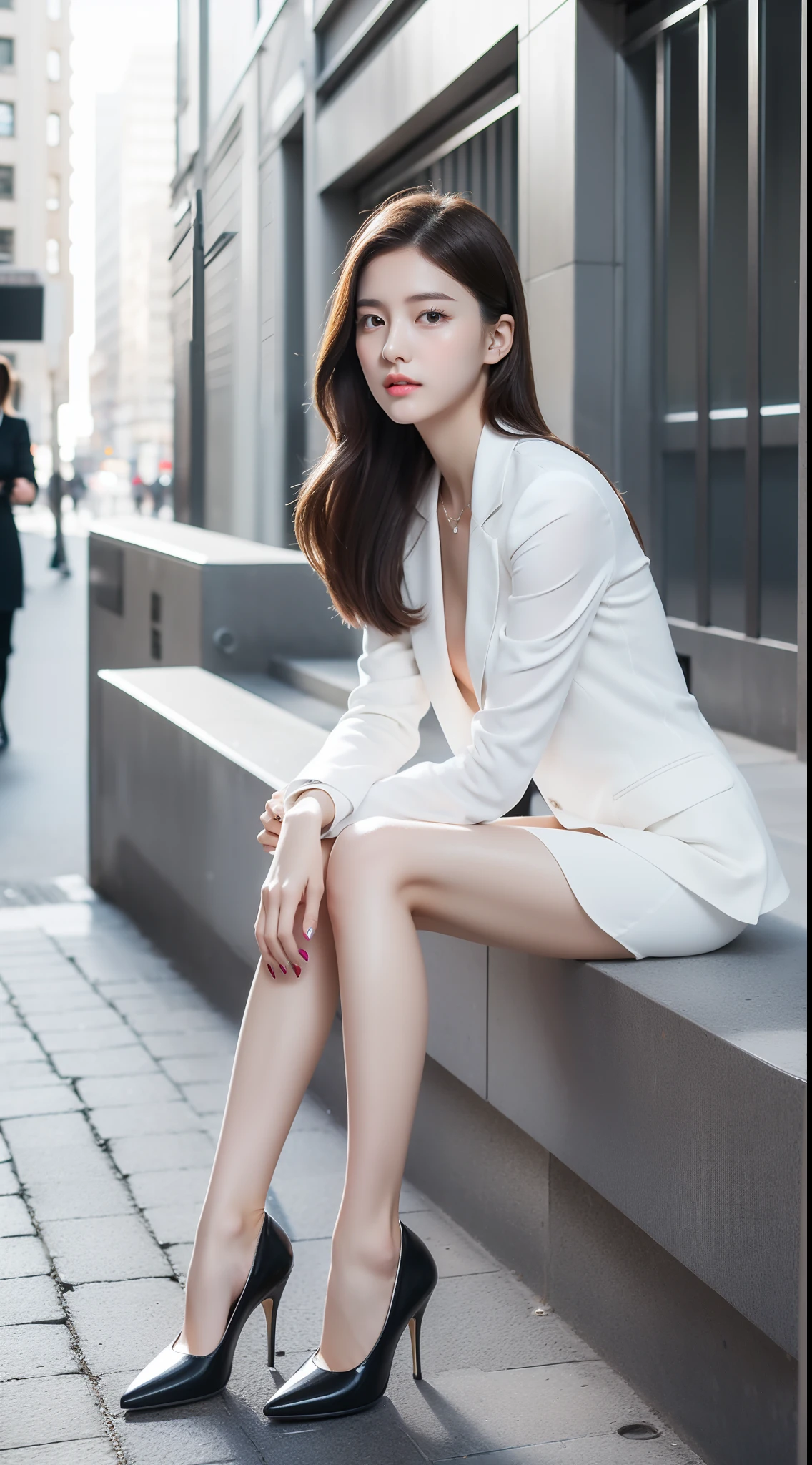 Ultra-clear resolution,top Quority,Wonderful young girl,ear studs,Clear eyes,plain face,Gloss on lips,s the perfect face,White skin,Perfect chest,Slender legs,Gray office miniskirt,black heels,street