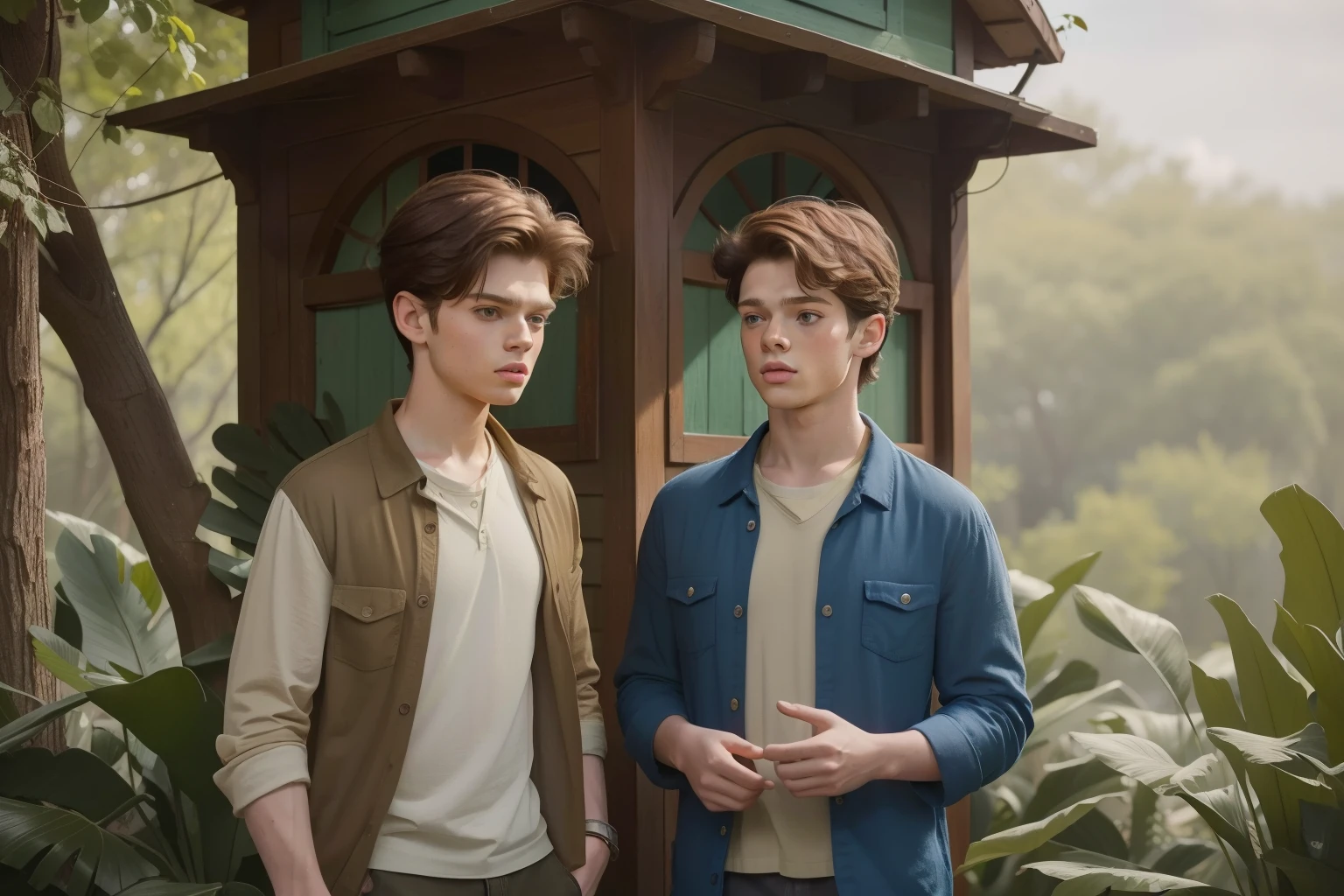 year: 2015. Location: Texas. Pre-Raphaelite scene with a -yeld Doic Sherwood and Matthew Daddario, in a tree house, ((((casual Clothing from the 2020s)))) ((Hairstyle of the 2020s)), pastel colors, (((cinematic style)))