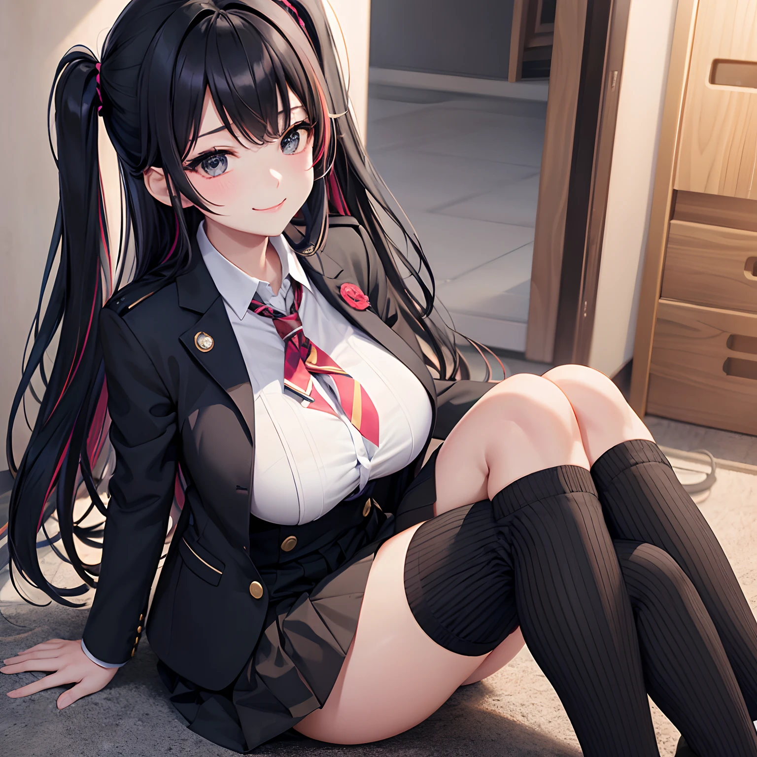 15yo girl、a smile、huge tit、Excellent style、top-quality、a beauty girl,Black Uniform,blazers,beautiful Girl,超A high resolution、Multicolored hair,Long,Loose Socks,Perfect facial features,