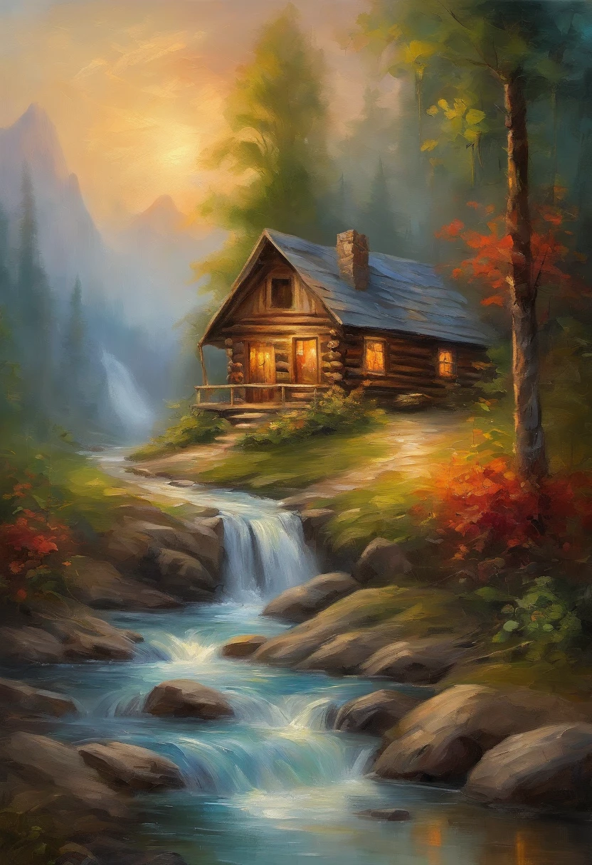 A cabin by the stream painting, with a mountain backdrop, oil painting 4K, natural painting, featuring waterfalls and rivers, with waterfall, oil painting. High-definition, highly detailed 4K painting, award-winning artwork of 2021, oil painting style.