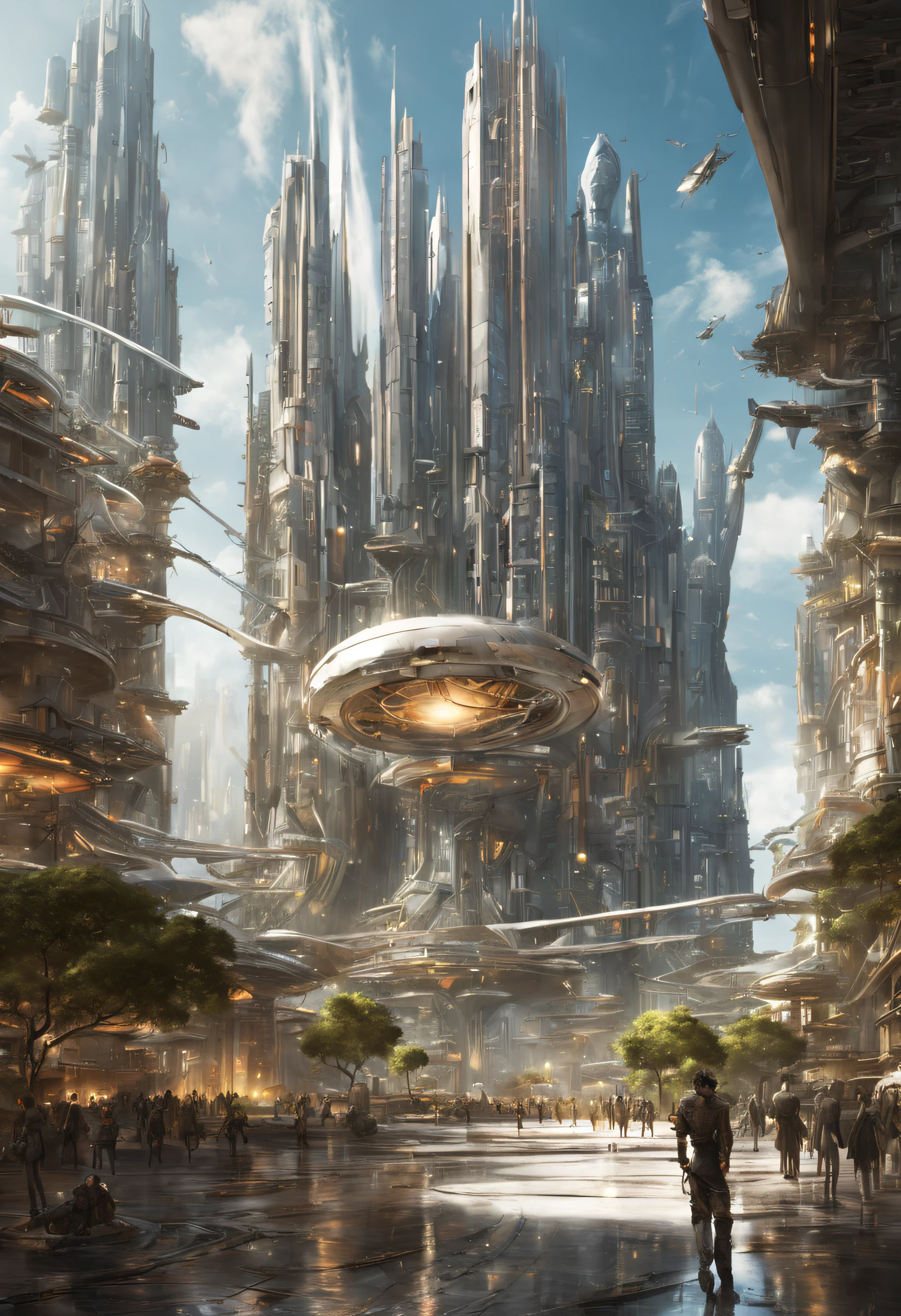 On an unknown planet there is a futuristic city with immense buildings of technological design, con estructuras acristaladas en plata, oro y bronce espectaculares en la que sobrevive un robot femenino espectacular. con colores vivos. pavimento ensolado.