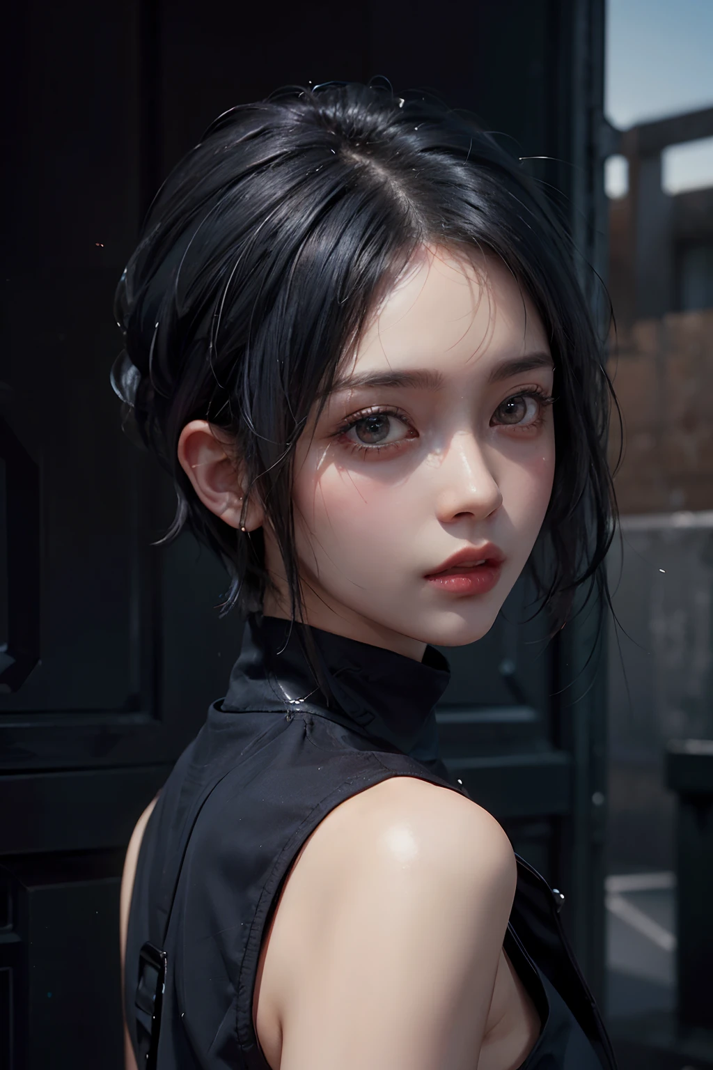 a 20 yo woman、Black blue hair、Bery short hair、(hi-top fade:1.3)、dark themed、Muted Tones、Subdued Color、highly contrast、(natural skin textures、Hyper-Realism、Soft light、sharp)