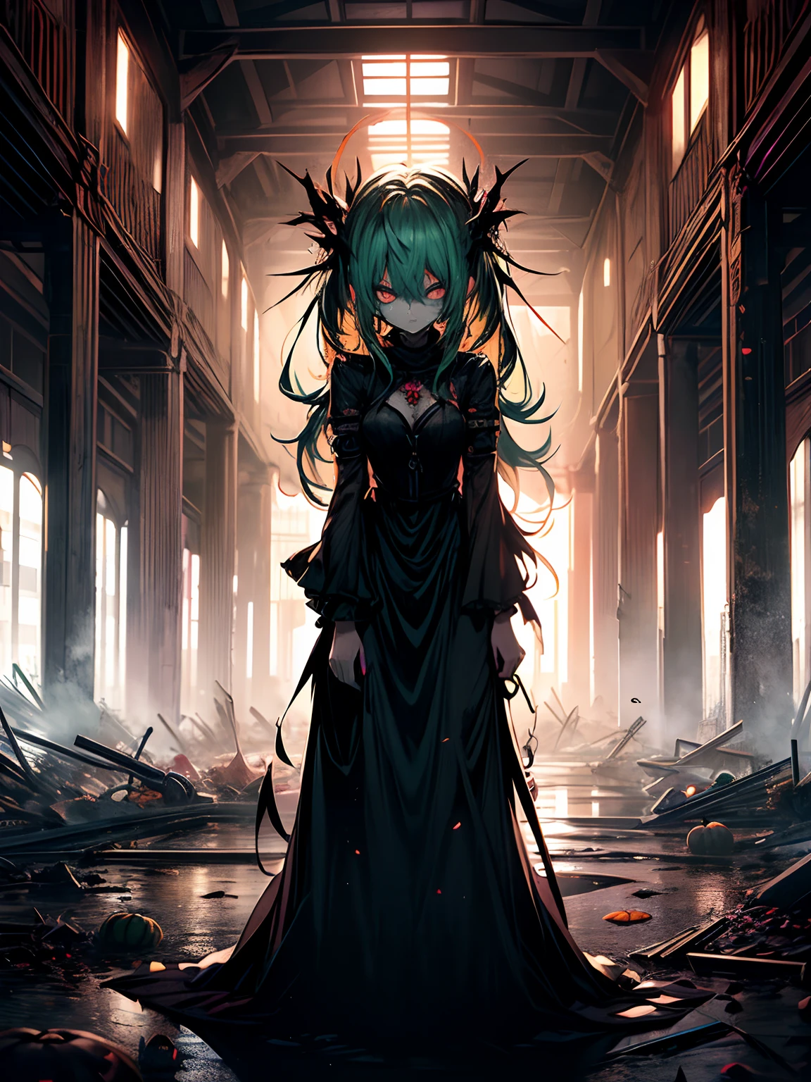 magic circles、Background magic array、Orange pumpkin、🎃、Haunted pumpkin、Ahegao、miku hatsune、Green hair、Black Dress、Very fellow humanoid characters, red eyes, She's crazy, nutty, horor, is scared, is scared, Shock value, Very diabolical, evocation, terrorism, terrorism, terrorism, rot, feeling of disgust, She is a psychopath, murky, extremely pale, paler, matted,, seem, terrifying, disease, Background ruins, gore, Bloody_mano, Yui, full body Esbian, (Messy_long_murky_Haar), Bosseler, evil eyes, Bright eye, psychopath,