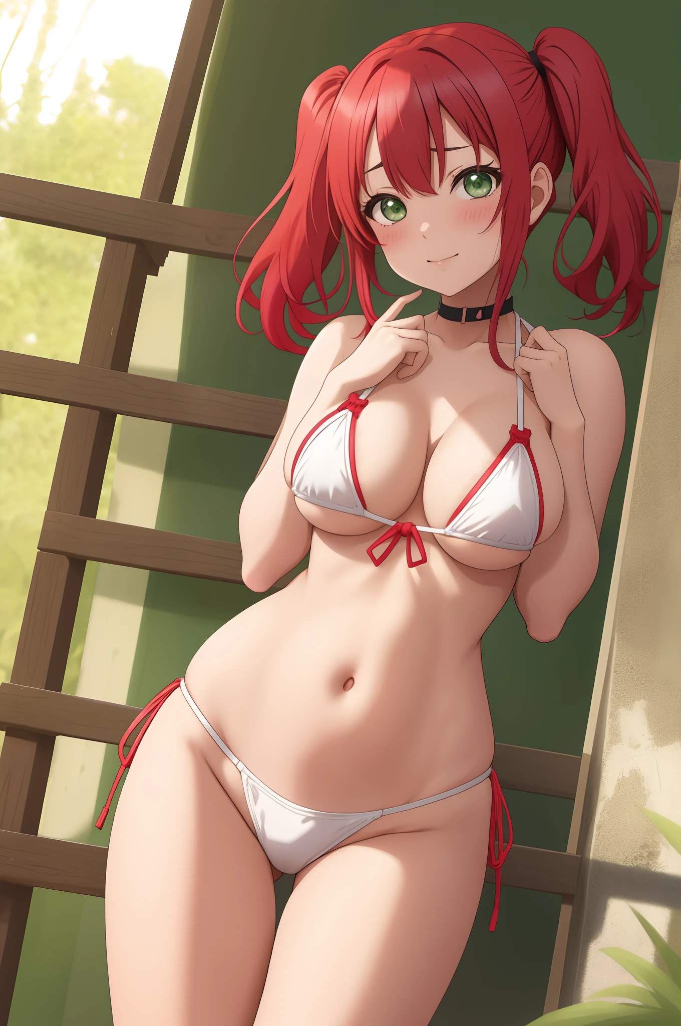 Kurosawa ruby, twintails, green eyes,bangs, tight side-tie bikini , white micro bikini , cowboy shot, breasts hold,thicc