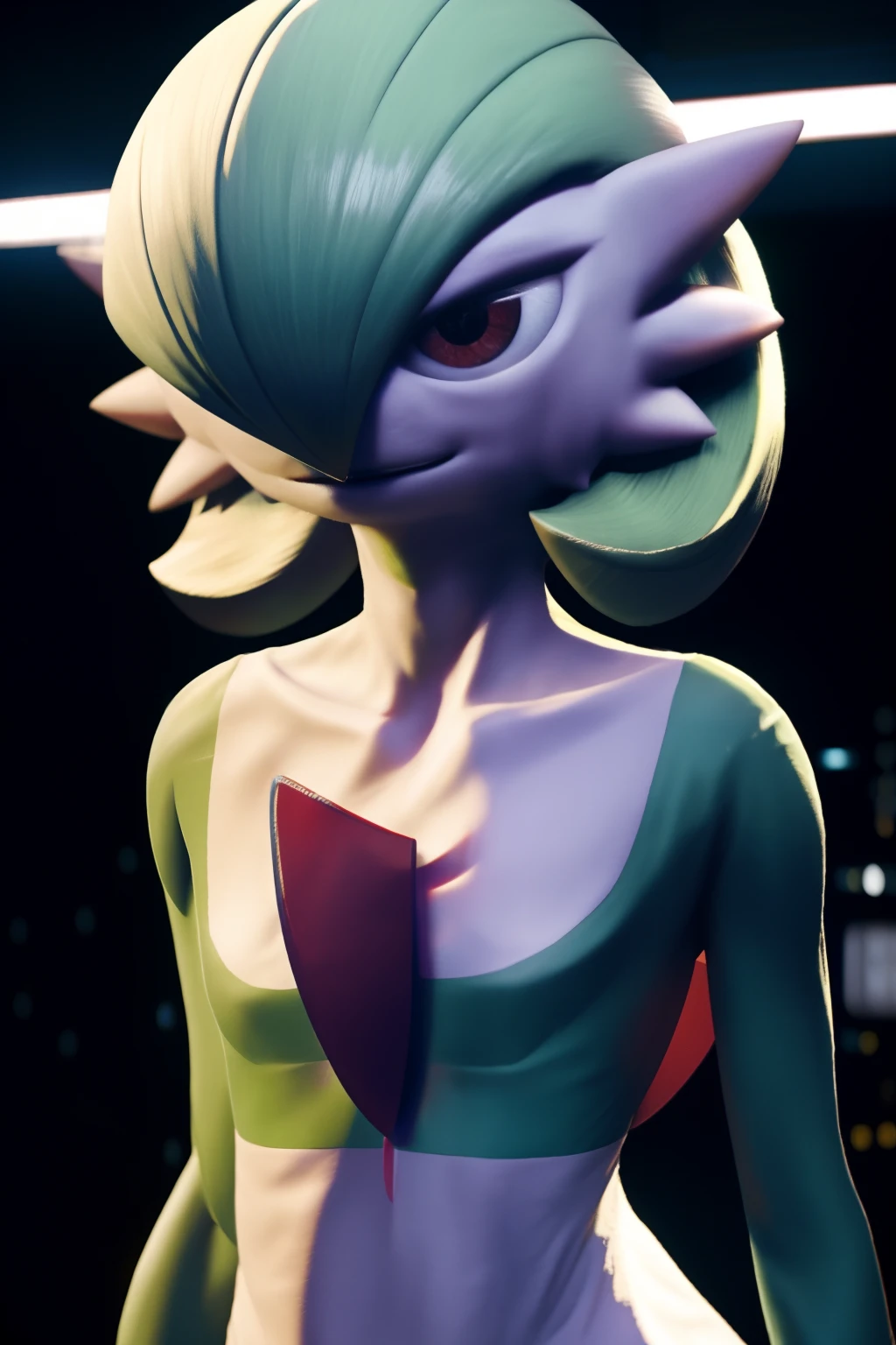 ((realistic)), ((photorealistic)),((high-res, masterpiece, best quality, cinema lighting)), masterpiece, best quality:1.2), upper body, solo, masterpiece, best quality, 4k, photograph, cinematic, modelshoo ,ultra realistic 8k cg, masterpiece, ((ultra detailed background, delicate pattern, intricate detail)), (highly detailed, fine details), best quality, (photorealistic:1.4), absurdres, RAW photo,masterpiece, best_quality, ((1girl 1.3)), solo, ((gardevoir 1.4)), creatures \(company\), game freak, nintendo, pokemon, pokemon \(game\), bangs, colored skin, female focus, gen 3 pokemon, green hair, green skin, hair over one eye, multicolored skin, pokemon \(creature\), red eyes, short hair, two-tone skin, white skin, (drunkoak:0.8), soft smile,cute, medium breasts