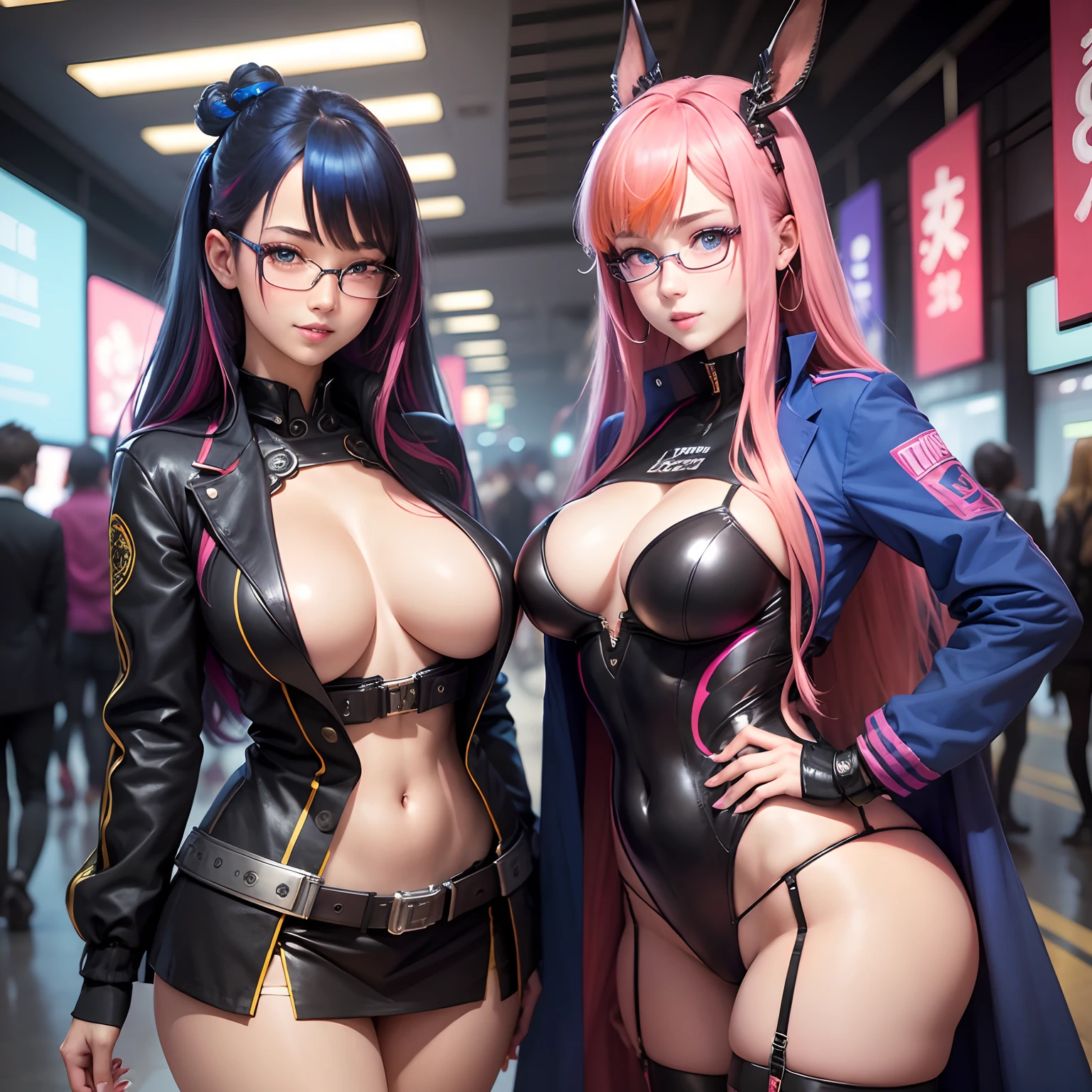 woman,harems,girl,A smile,a beauty girl,hyperdetailed face,super-detaild skin,eye glass,multicolored hair,Colossal tits,top-quality,Excellent style,超A high resolution,blue eyess,校服,blazers,cyberpunked,