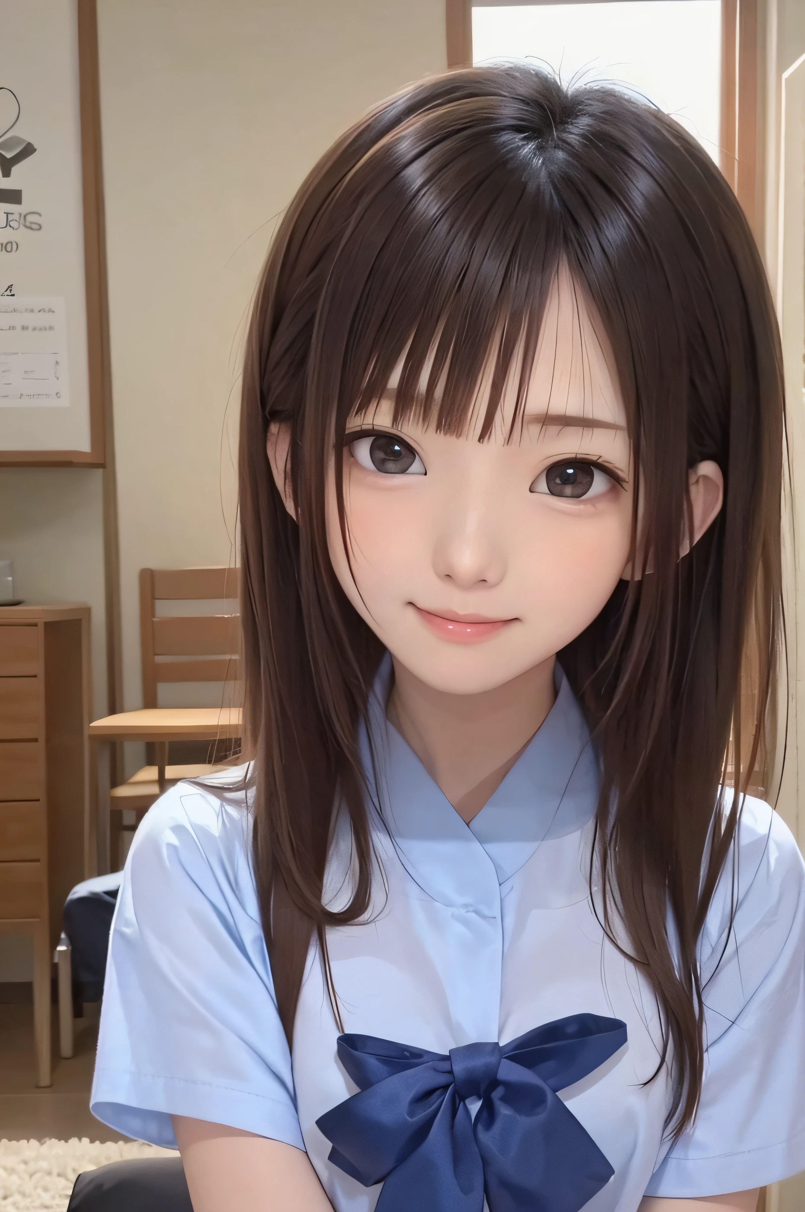 14years、brown haired、beautidful eyes、real looking skin、hi-school girl、small tits、(8K、​masterpiece)、(reallistic、Photorealsitic)、top-quality、ighly detailed、The ultra-detailliert、Beautie、cute little、japanes、idol、a smile、Close-up portrait、Healthy face