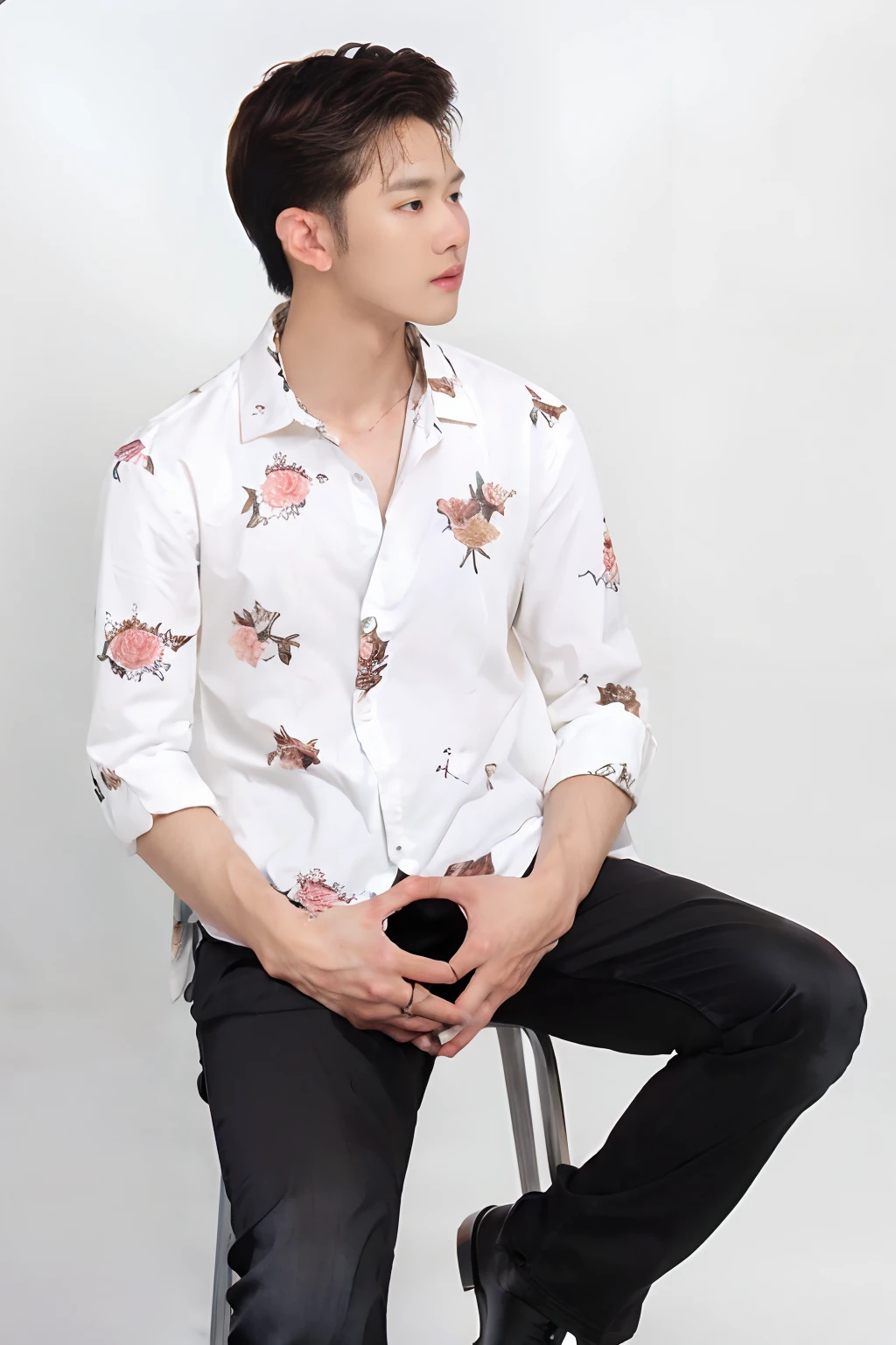 a man sitting on a stool wearing a white shirt with a floral print, wearing a white button up shirt, wearing in shirt, wearing white shirt, wearing a white shirt, with a white background, floral clothes, white trendy clothes, wearing a shirt, modern casual clothing, wearing a light shirt, white shirt, shirt, handsome and attractive, casual modern clothing