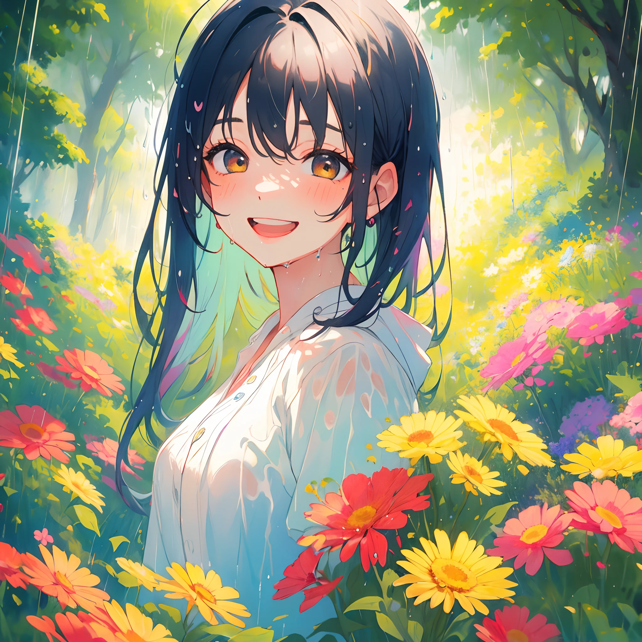 girl, extremely detailed, masterpiece, perfect illumination, (raining), (rain), (pastel colors), (muted colors), big smile, extremely happy, dripping wet, colorful, trees, flowers, serendipity