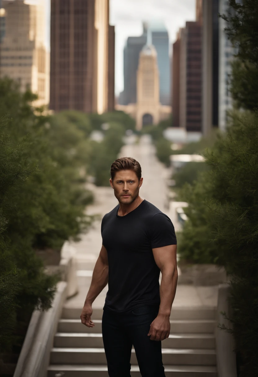 Jensen Ackles as a giant man standing at a height of 900 feet. He towers over the city buildings in Austin, Texas. He has brown shaggy hair that is slicked back and has long side-swept bangs. His ears are perfectly shaped, and his eyes are green. He has a trimmed goatee and a beard, with pale Caucasian skin. He is shirtless, showing off his hairy chest