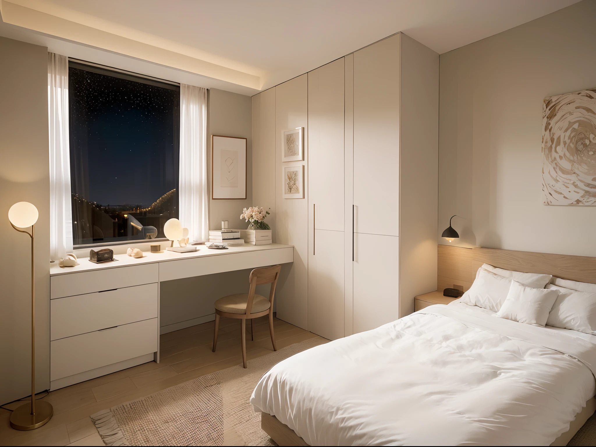 A girl opens the door, revealing a bedroom adorned with snow-white velvet bedspread. The sound of soft piano music fills the air. The fragrance of enchanting lavender permeates the room. Moonlight seeps through the glass window above the bed, casting a dreamlike scenery. The walls are adorned with European-style murals, showcasing romance and poetic beauty. Outside the window is a picturesque garden, illuminated by scattered lights, resembling a fairyland from a fairy tale. On the luxurious bedding lies a cherished antique book, silently telling stories of the past.

(best quality,4k,8k,highres,masterpiece:1.2),ultra-detailed,(realistic,photorealistic,photo-realistic:1.37),velvet texture,lavender scent,soft and soothing piano music,moonlit room,gentle and dreamlike atmosphere,European-style murals,romantic and poetic,enchanted garden,fairy-tale-like ambiance,antique book with historical significance.

art-style: portraits,light and pastel colors,soft and warm lighting.