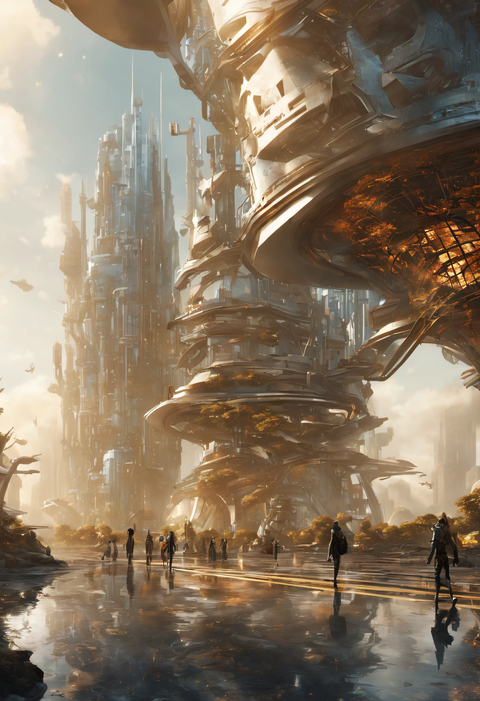 On an unknown planet there is a futuristic city with immense buildings of technological design, con estructuras acristaladas en plata, oro y bronce espectaculares en la que sobrevive un robot femenino espectacular. con colores vivos. pavimento ensolado.