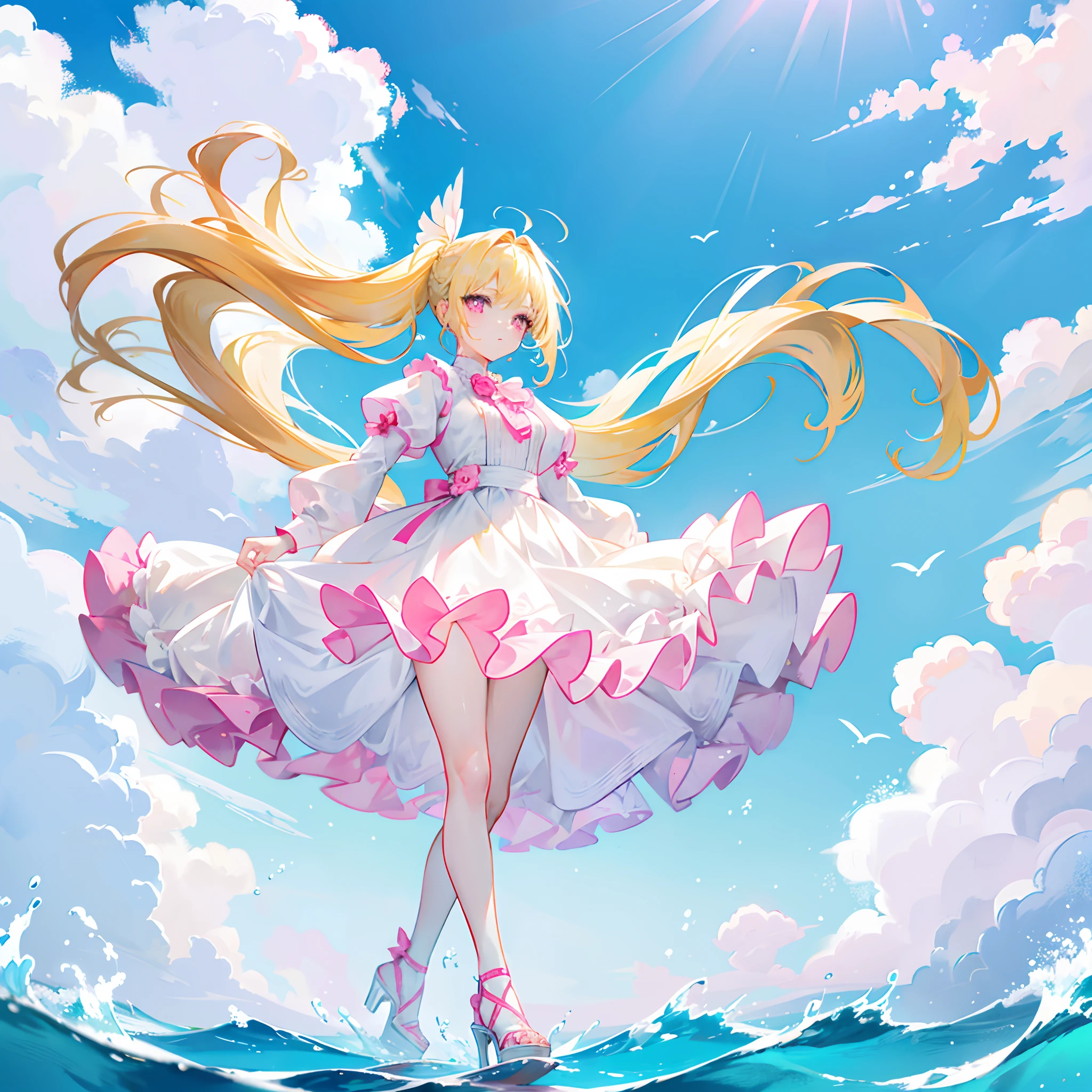 Light yellow hair,Double ponytail hairstyle,Pink eyes,Pink pupils,teens girl,White gorgeous beautiful dress,Wearing white high heels on his feet,Stand on the water with your feet,Full body photo from the side,All body,Fingers and arms are not exposed,background ocean,with blue sky and white clouds,Happy and happy expression,Cute gestures