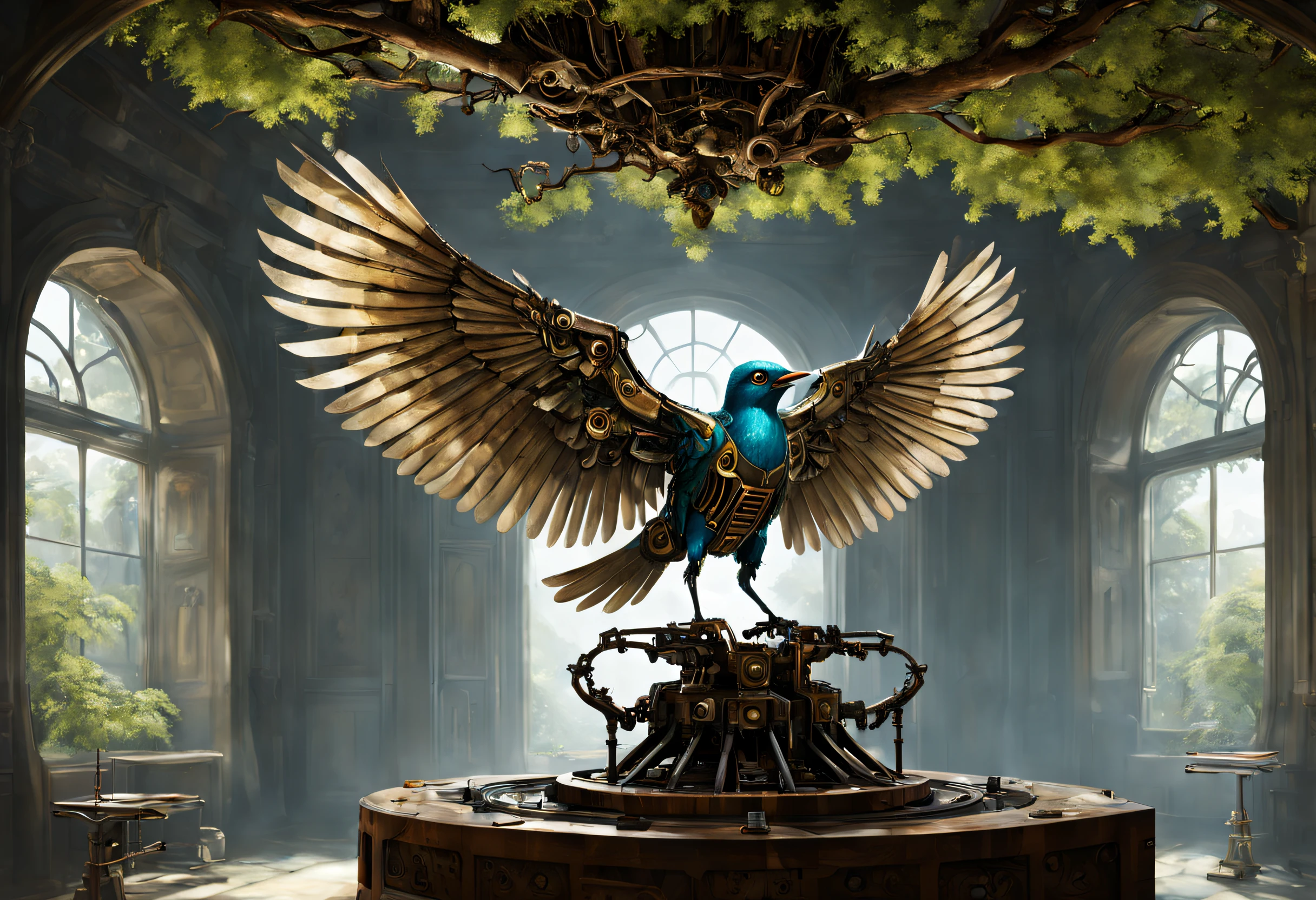 a mechanical bird oiling its wings, in a room of an ancient tree