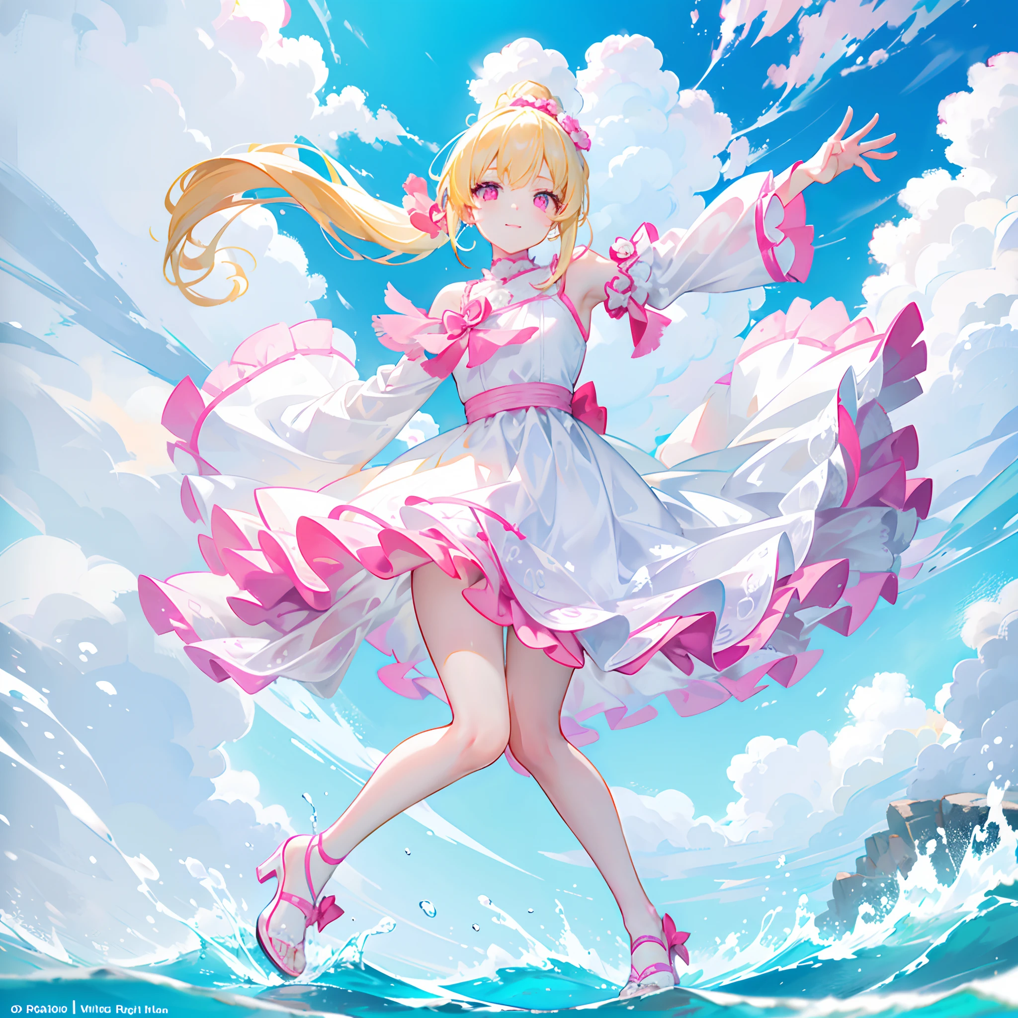 Light yellow hair，Double ponytail hairstyle，Pink eyes，Pink pupils，teens girl，White gorgeous beautiful dress，Wearing white high heels on his feet，Stand on the water with your feet，Full body photo from the side，All body，Fingers and arms are not exposed，background ocean，with blue sky and white clouds，Happy and happy expression，Cute gestures