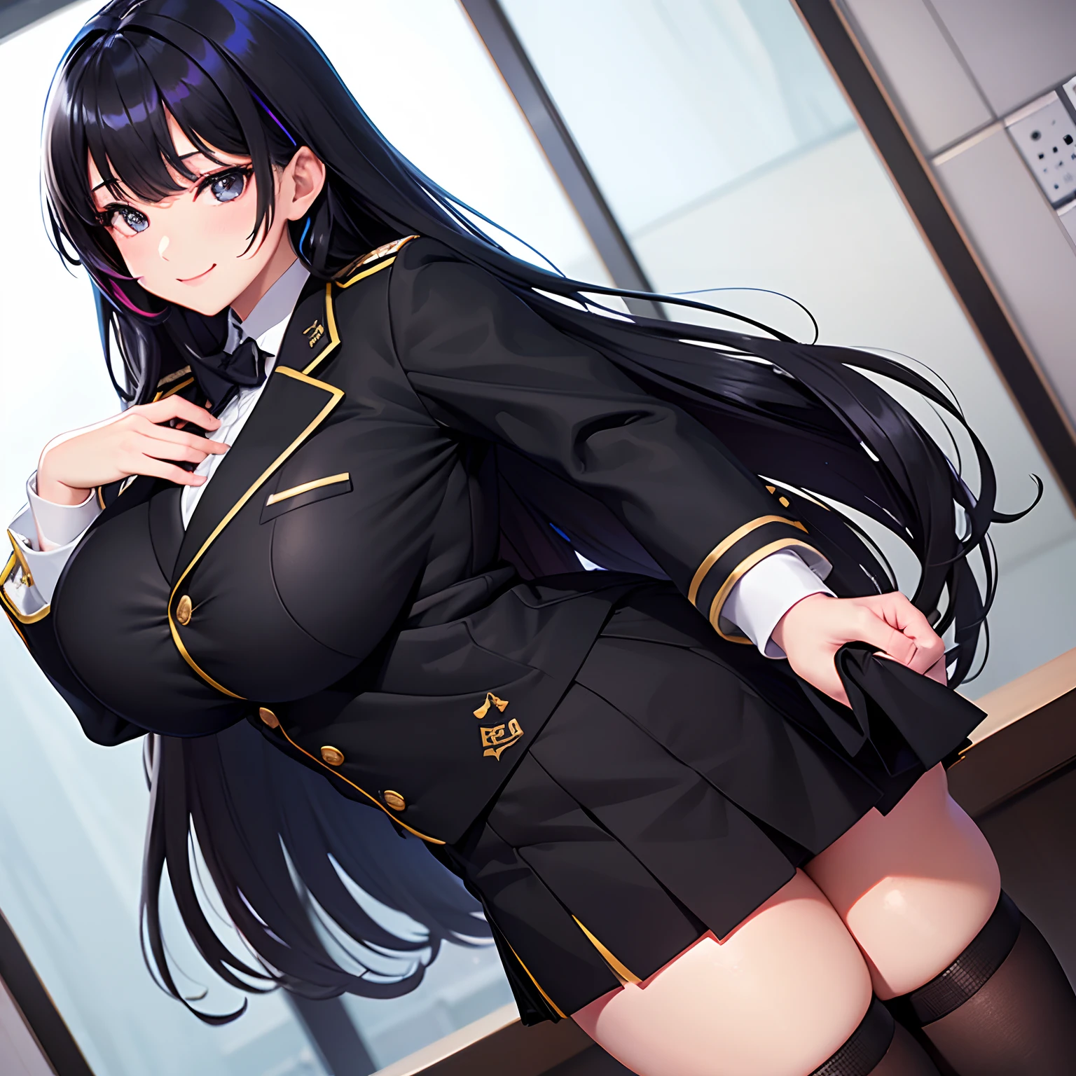 15yo girl、a smile、huge tit、Excellent style、top-quality、a beauty girl,Black Uniform,blazers,beautiful Girl,超A high resolution、Multicolored hair,Long,Loose Socks,Perfect facial features,