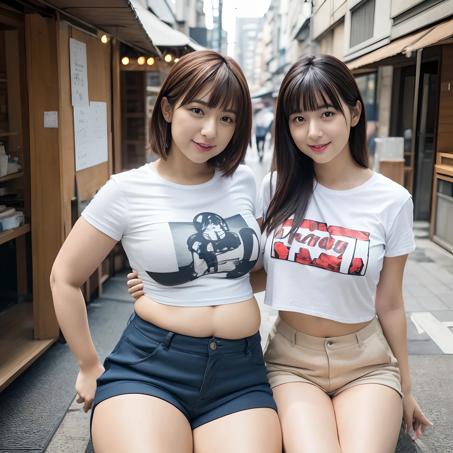 Two women dressed identically pose for a photo in a parking lot, Ayami Kojima and Ryde Caldwell, Lace style, Playboy Style, hayao miyazki, r6, RB6s), Robotech Styling, by Tadashi Nakayama, Happy!!!, mayuri shiina, Ridiculous, sakimichan hdri, RB6S