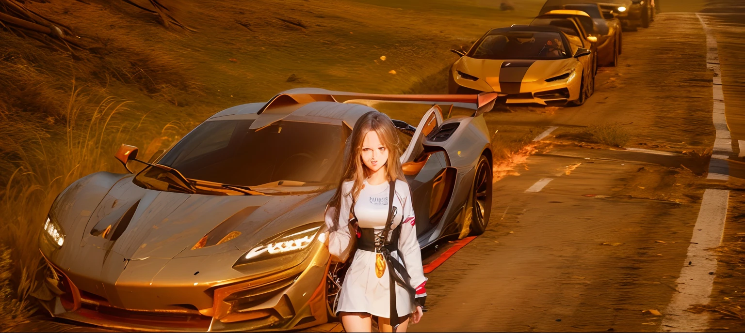 Cute_face, long_hair, shirt, dress, full_body, look_at_viewer, Sport car (8k, RAW photo, best quality, masterpiece:1.2), (realistic, photo-realistic:1.37), professional lighting, photon mapping, radiosity, physically-based rendering,